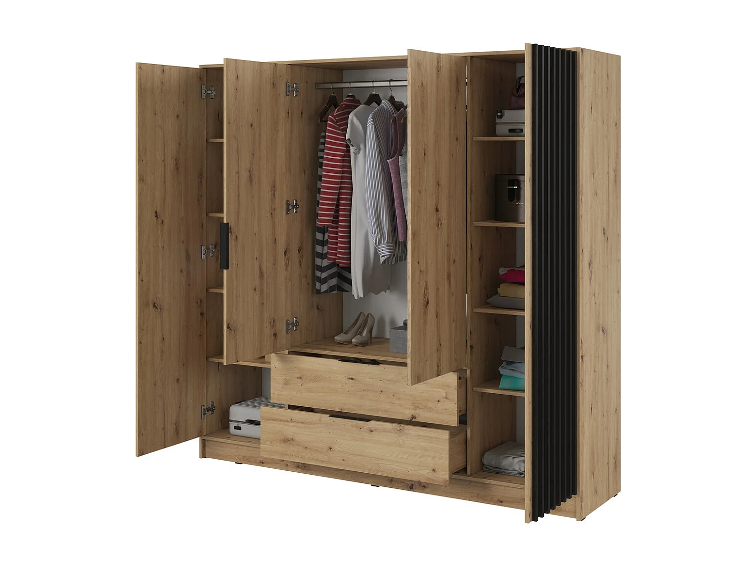 Draaideurkast 200 cm Fioro - kast met lamellen, 2 lades - Artisan eiken