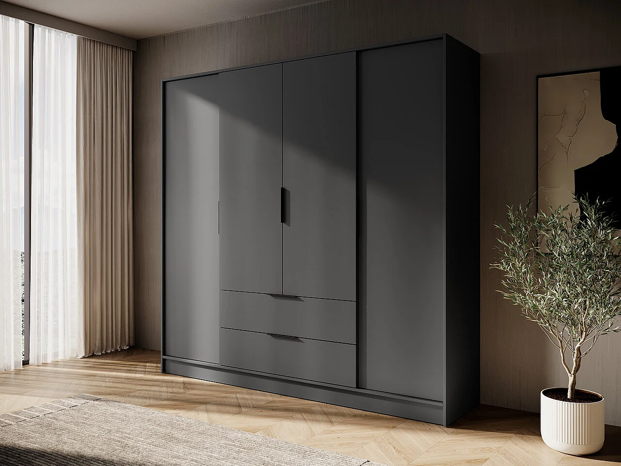 Armoire 200 cm Kalma 4D - armoire 4 portes avec tiroirs pour salon, chambre - graphite