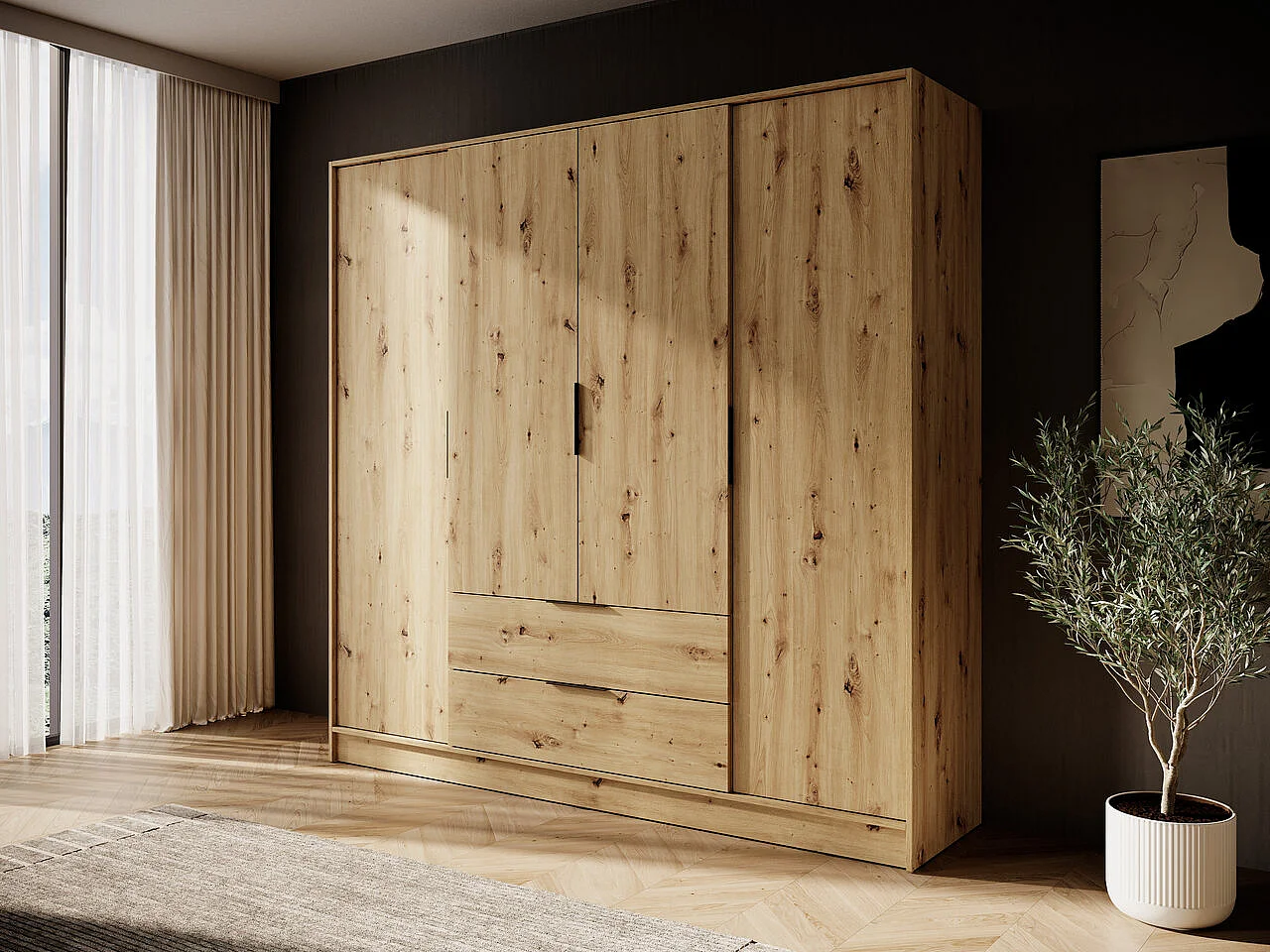 Draaideurkast 200 cm Kalma 4D - vierdeurs kast met lades voor de woonkamer, slaapkamer - Artisan eiken