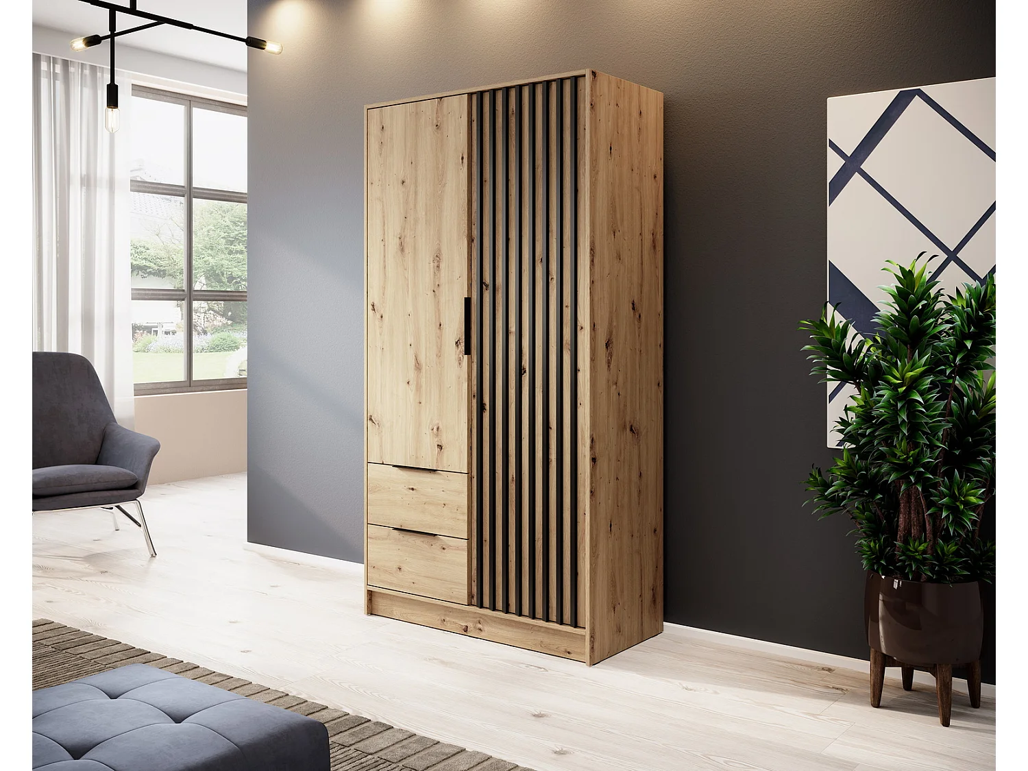 Draaideurkast 100 cm Fioro - tweedelige kast met lamellen, 2 lades - Artisan eiken
