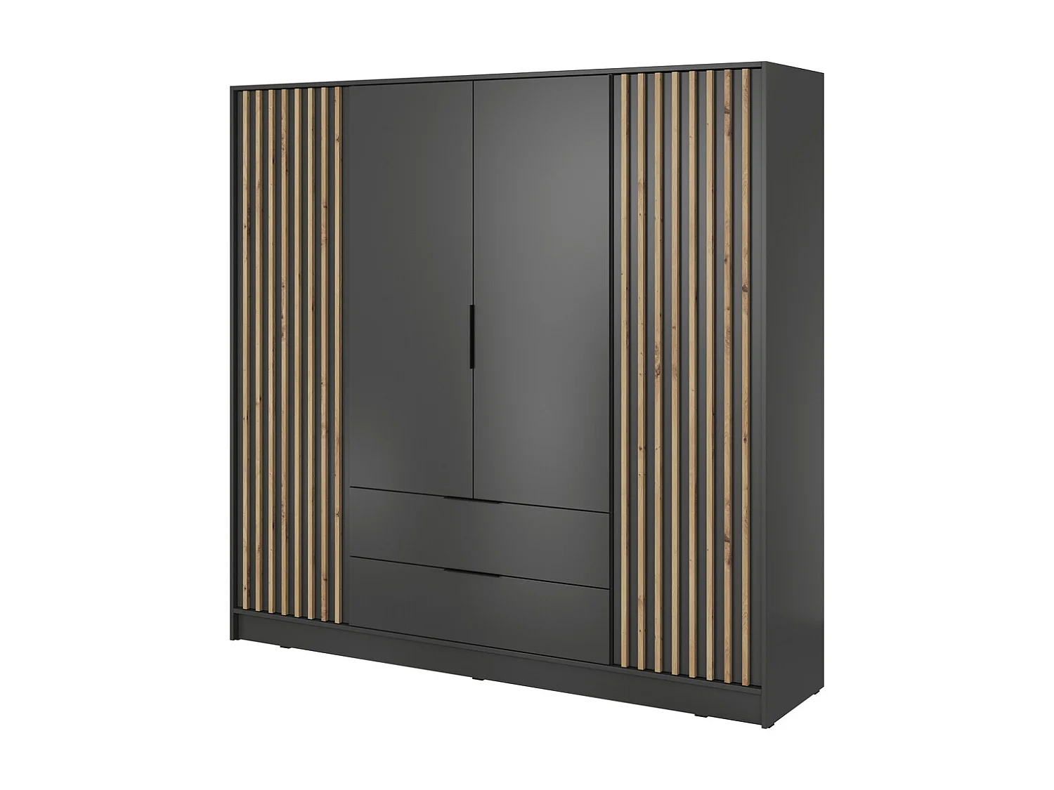 Armoire pour chambre 200 cm Fioro - armoire 4 portes avec lamelles, 2 tiroirs - graphite