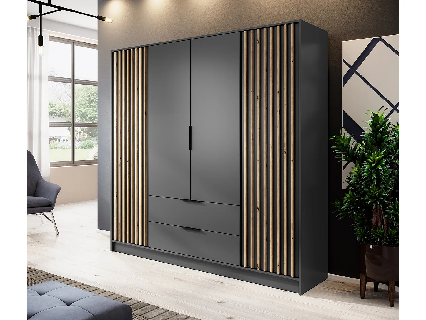 Armoire pour chambre 200 cm Fioro - armoire 4 portes avec lamelles, 2 tiroirs - graphite