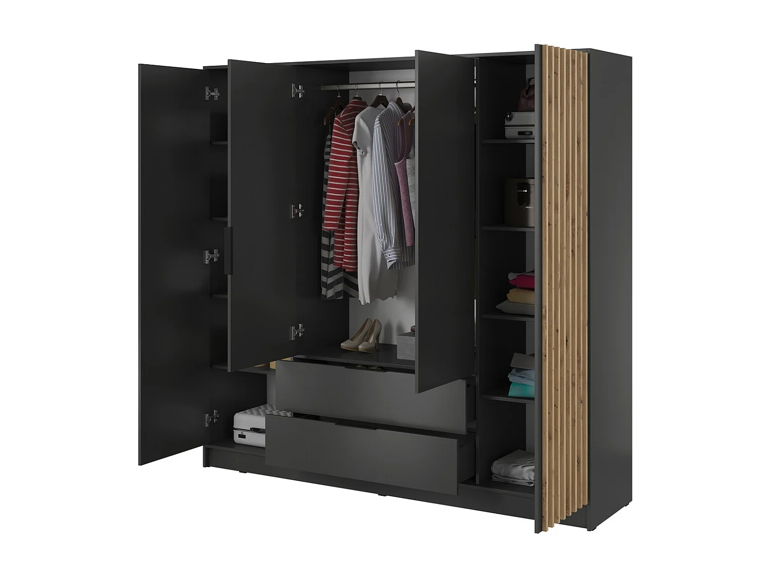 Armoire pour chambre 200 cm Fioro - armoire 4 portes avec lamelles, 2 tiroirs - graphite
