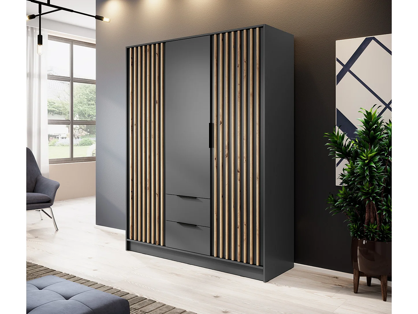 Draaideurkast 150 cm Fioro - kast met lamellen, 2 lades - grafiet