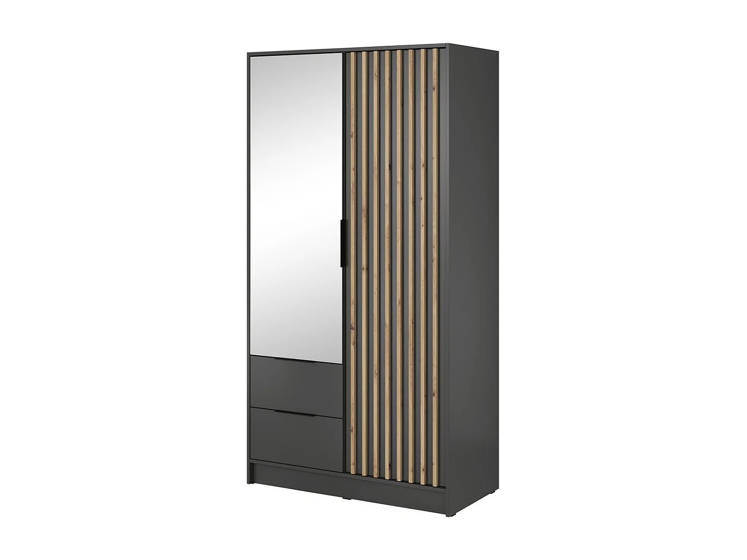 Kast met spiegel Fioro - draaideurkast 100 cm, 2 deuren, lades - lamellen, kledingroede, grafiet