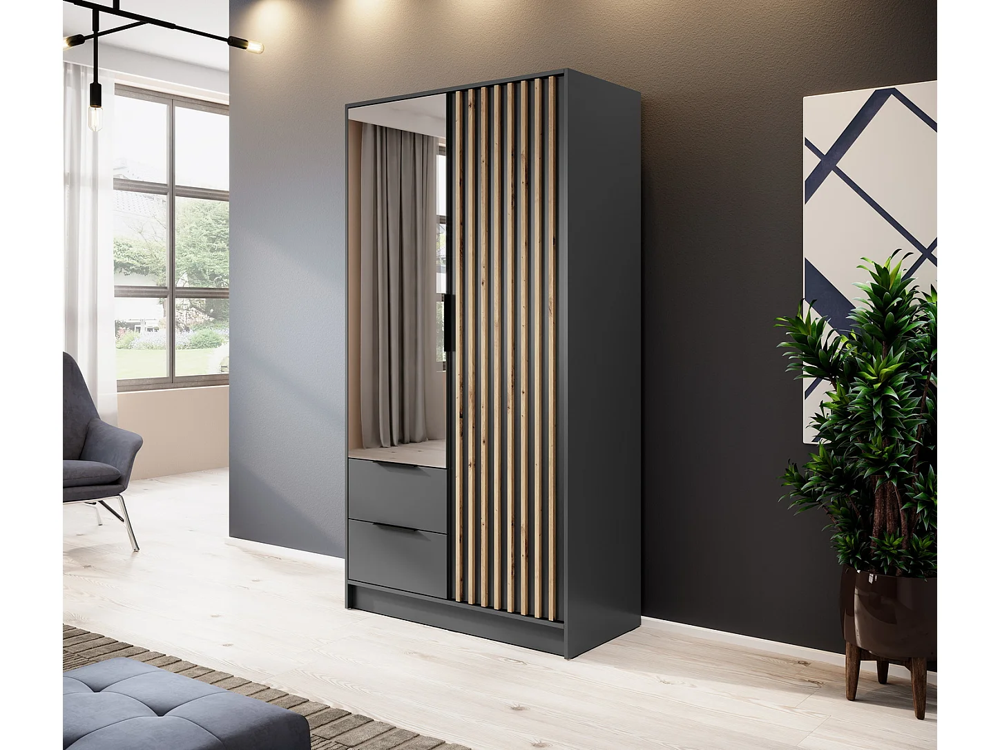 Kast met spiegel Fioro - draaideurkast 100 cm, 2 deuren, lades - lamellen, kledingroede, grafiet