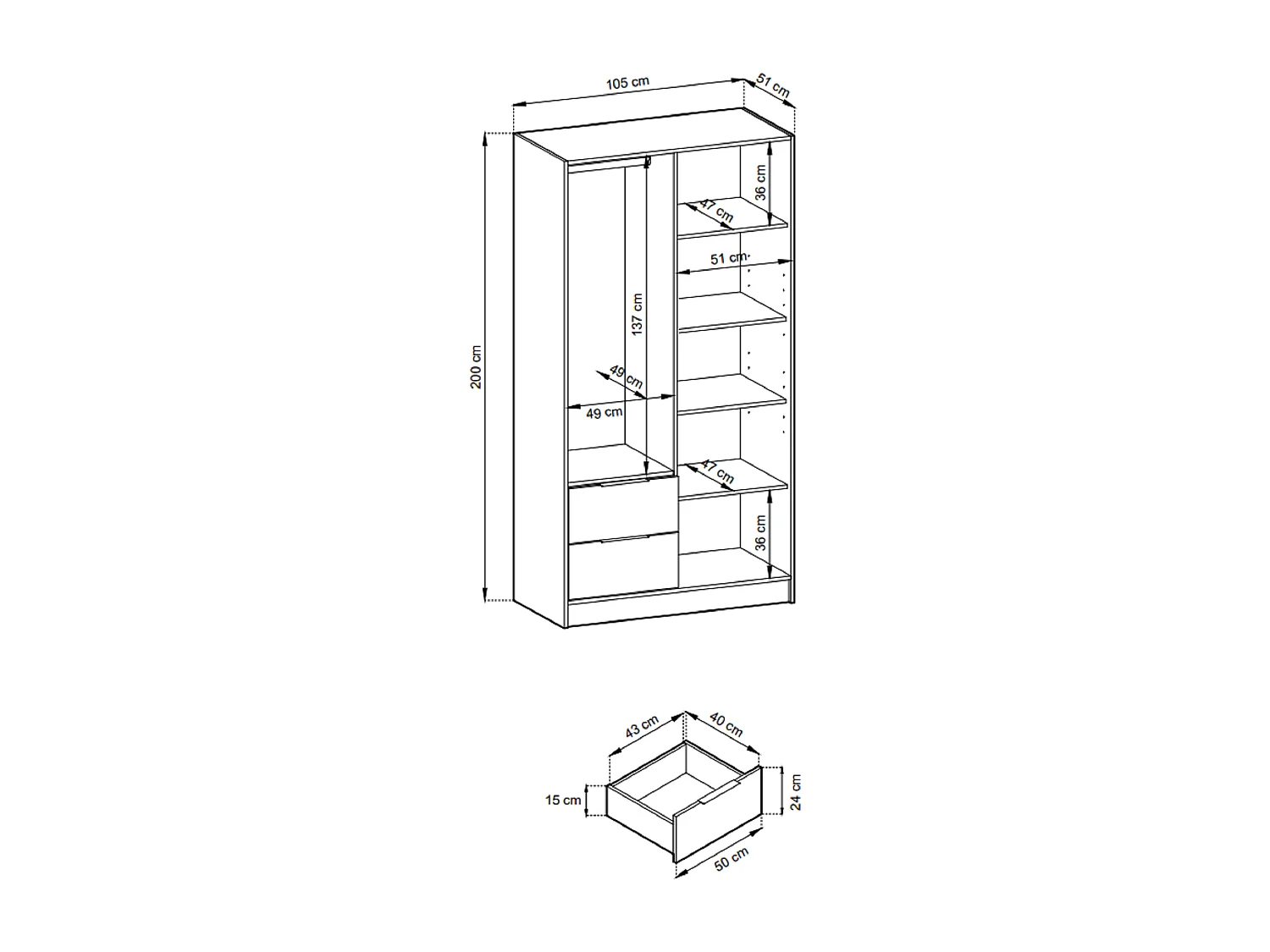 Kast met spiegel Fioro - draaideurkast 100 cm, 2 deuren, lades - lamellen, kledingroede, grafiet