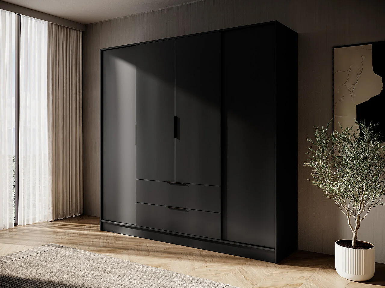 Draaideurkast 200 cm Kalma 4D - vierdeurs kast met lades voor de woonkamer, slaapkamer - zwart