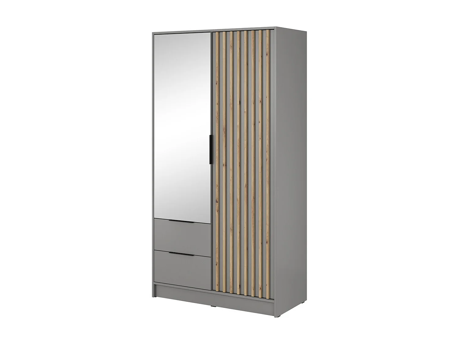 Kast met spiegel Fioro - draaideurkast 100 cm, 2 deuren, lades - lamellen, kledingroede, grijs