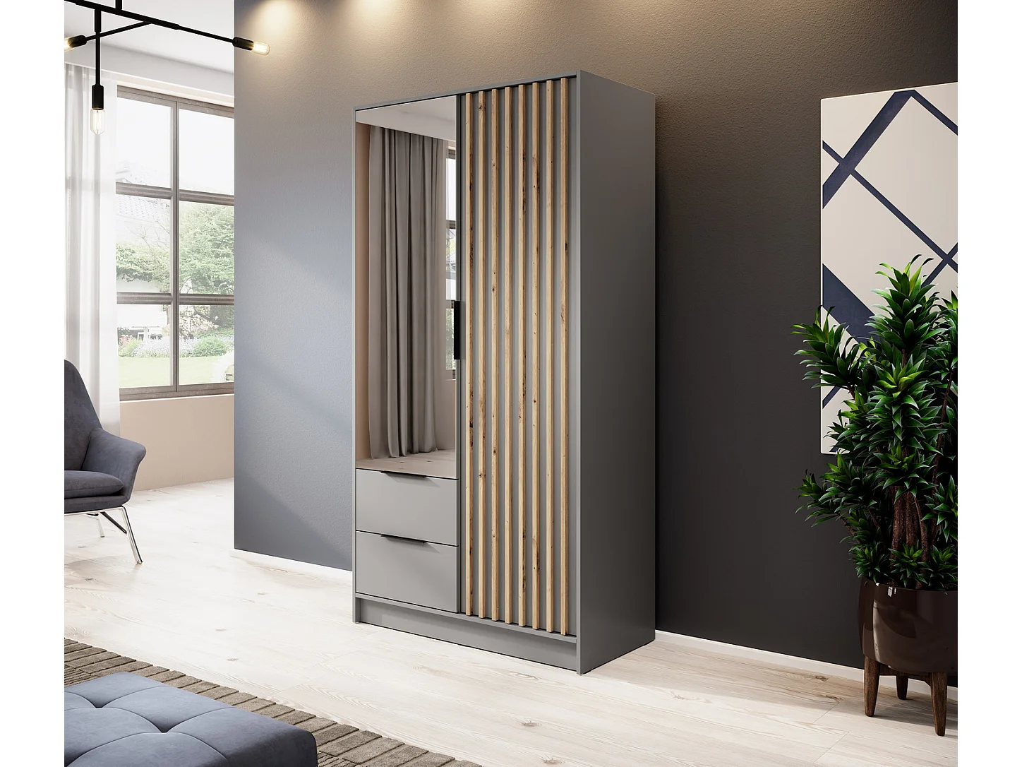 Kast met spiegel Fioro - draaideurkast 100 cm, 2 deuren, lades - lamellen, kledingroede, grijs