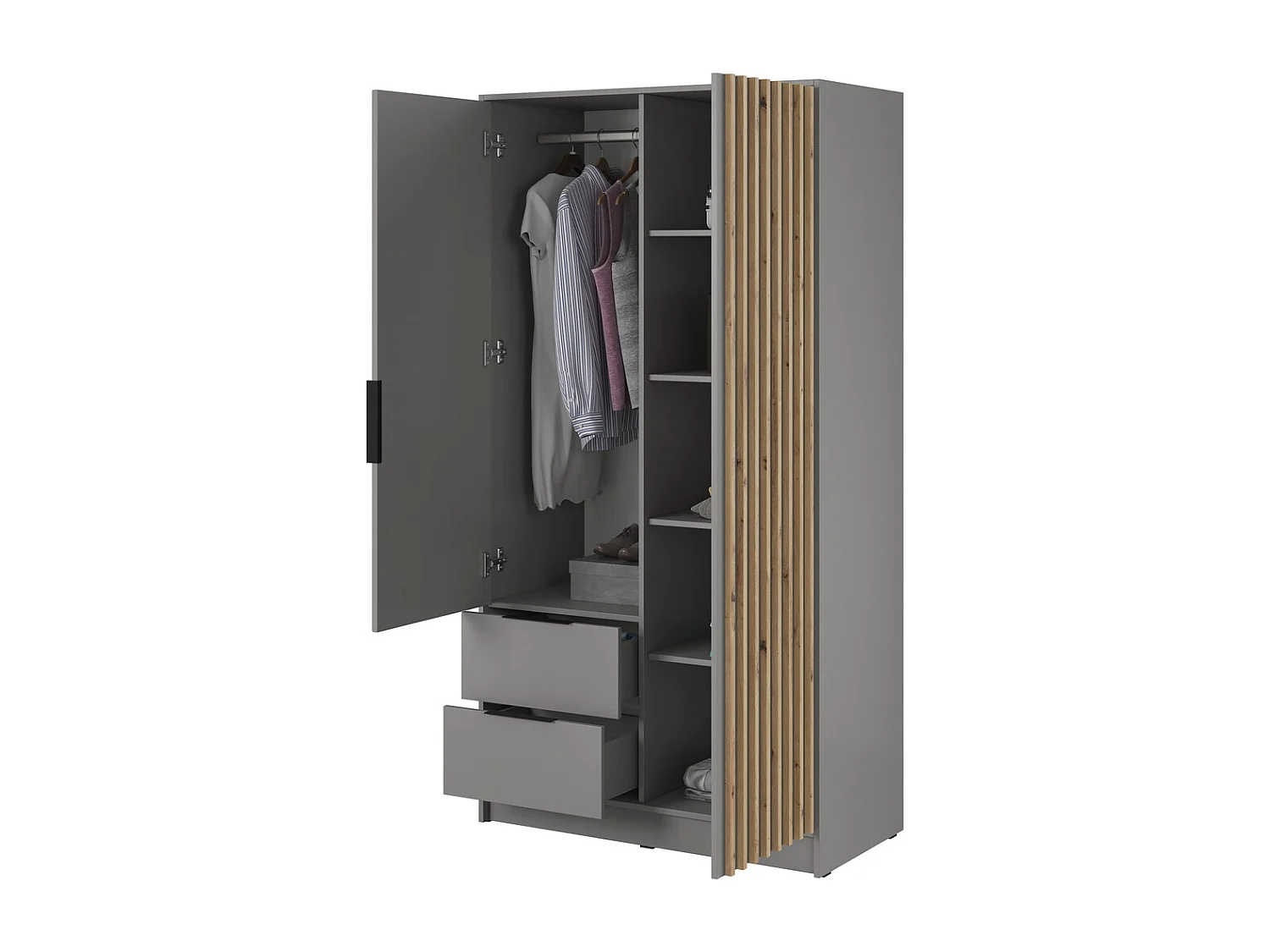 Kast met spiegel Fioro - draaideurkast 100 cm, 2 deuren, lades - lamellen, kledingroede, grijs