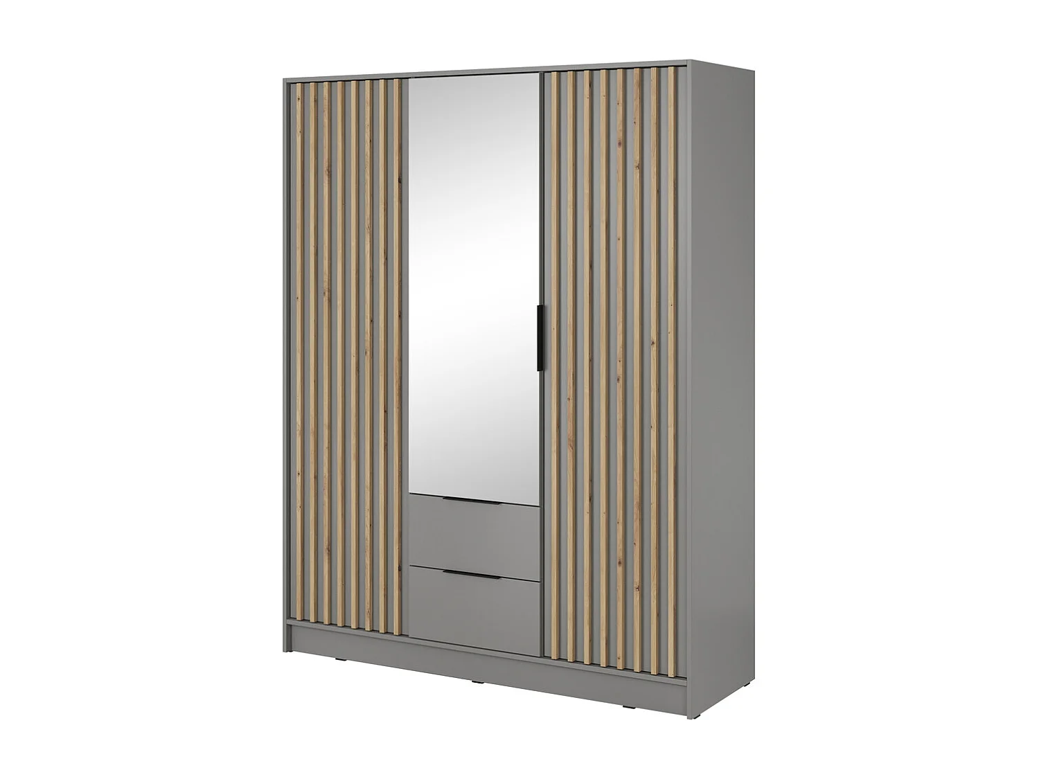 Kast met spiegel Fioro - draaideurkast 150 cm, 3 deuren, lades - lamellen, kledingroede, grijs