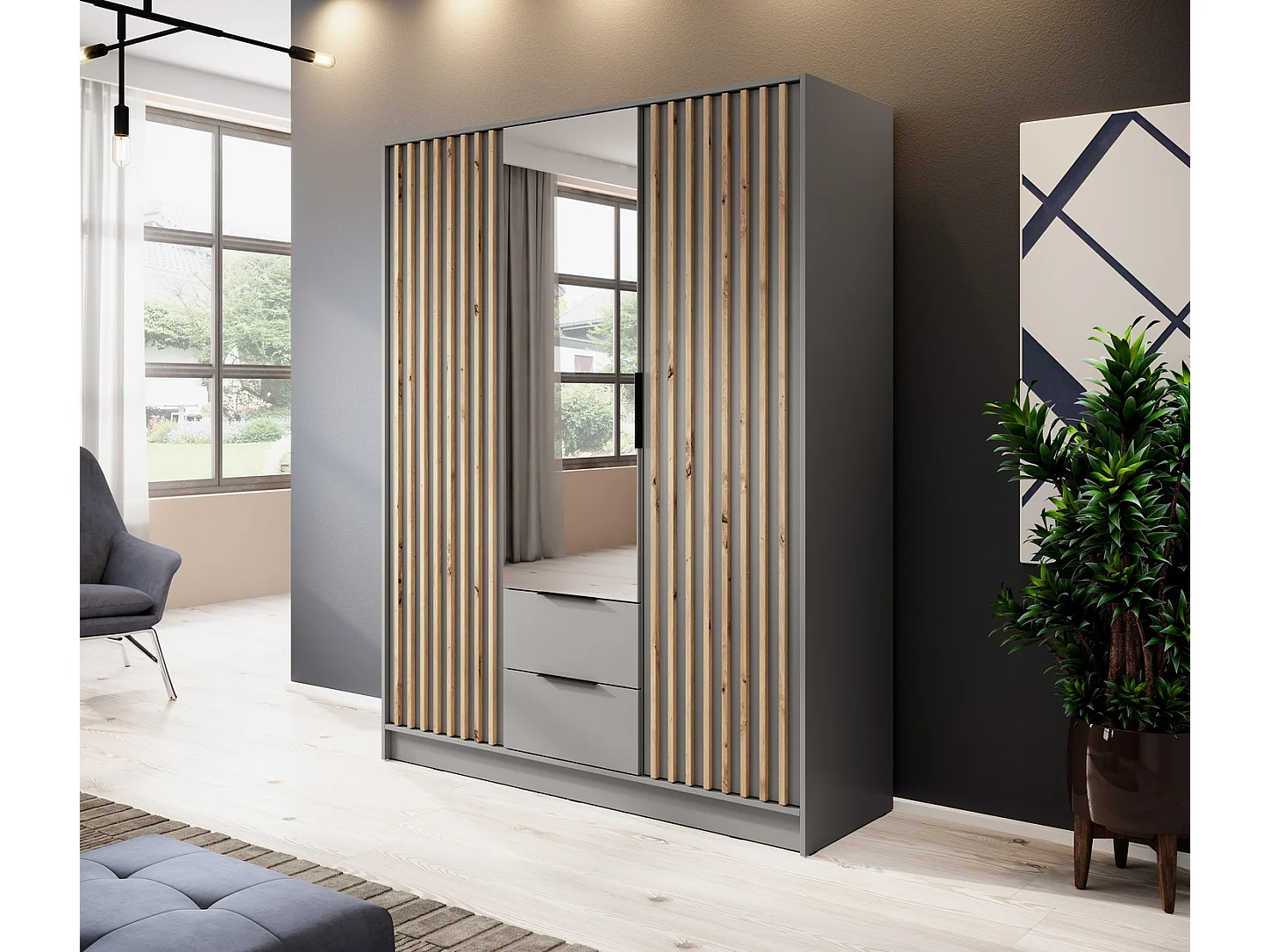 Kast met spiegel Fioro - draaideurkast 150 cm, 3 deuren, lades - lamellen, kledingroede, grijs