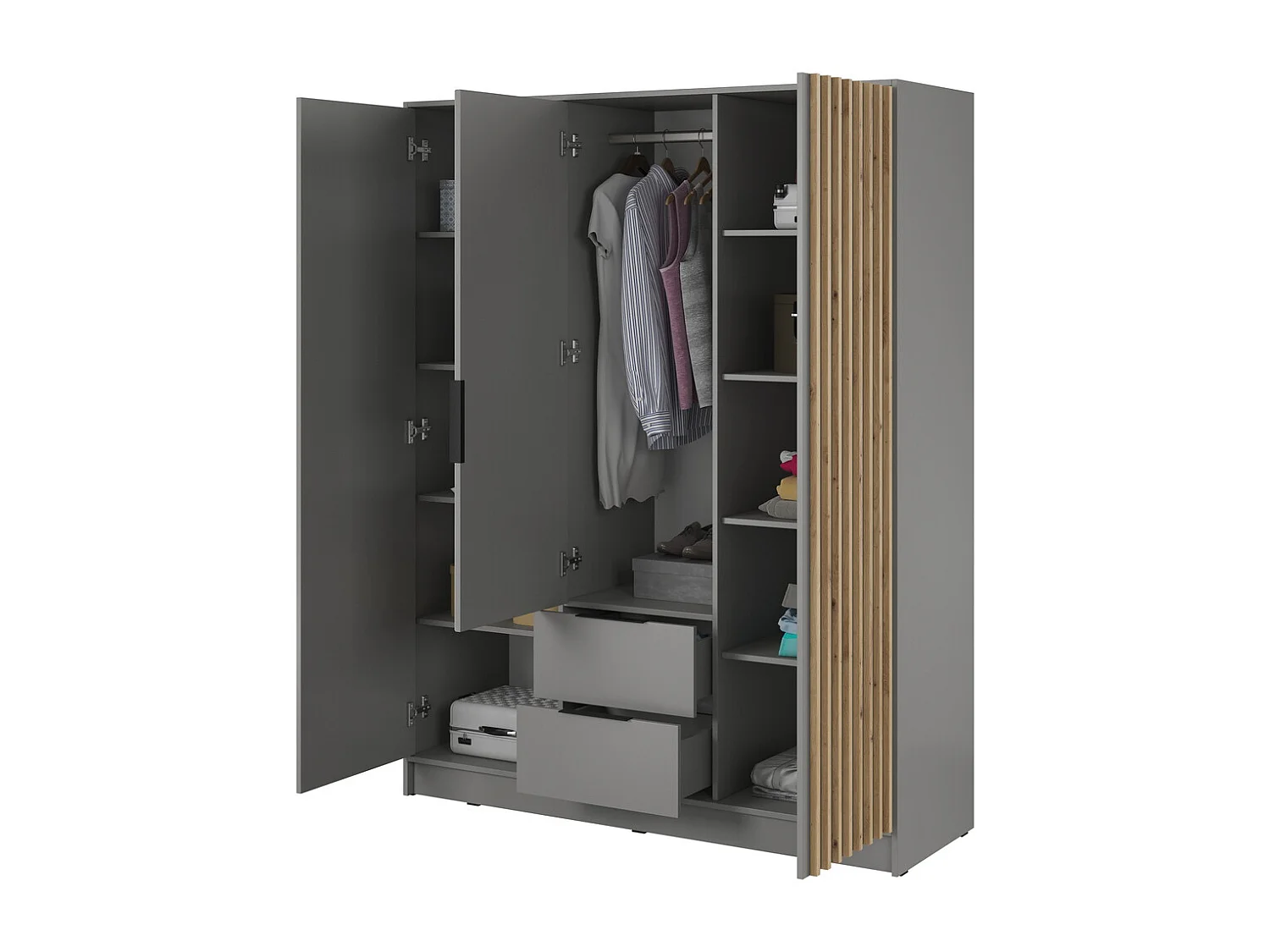 Kast met spiegel Fioro - draaideurkast 150 cm, 3 deuren, lades - lamellen, kledingroede, grijs