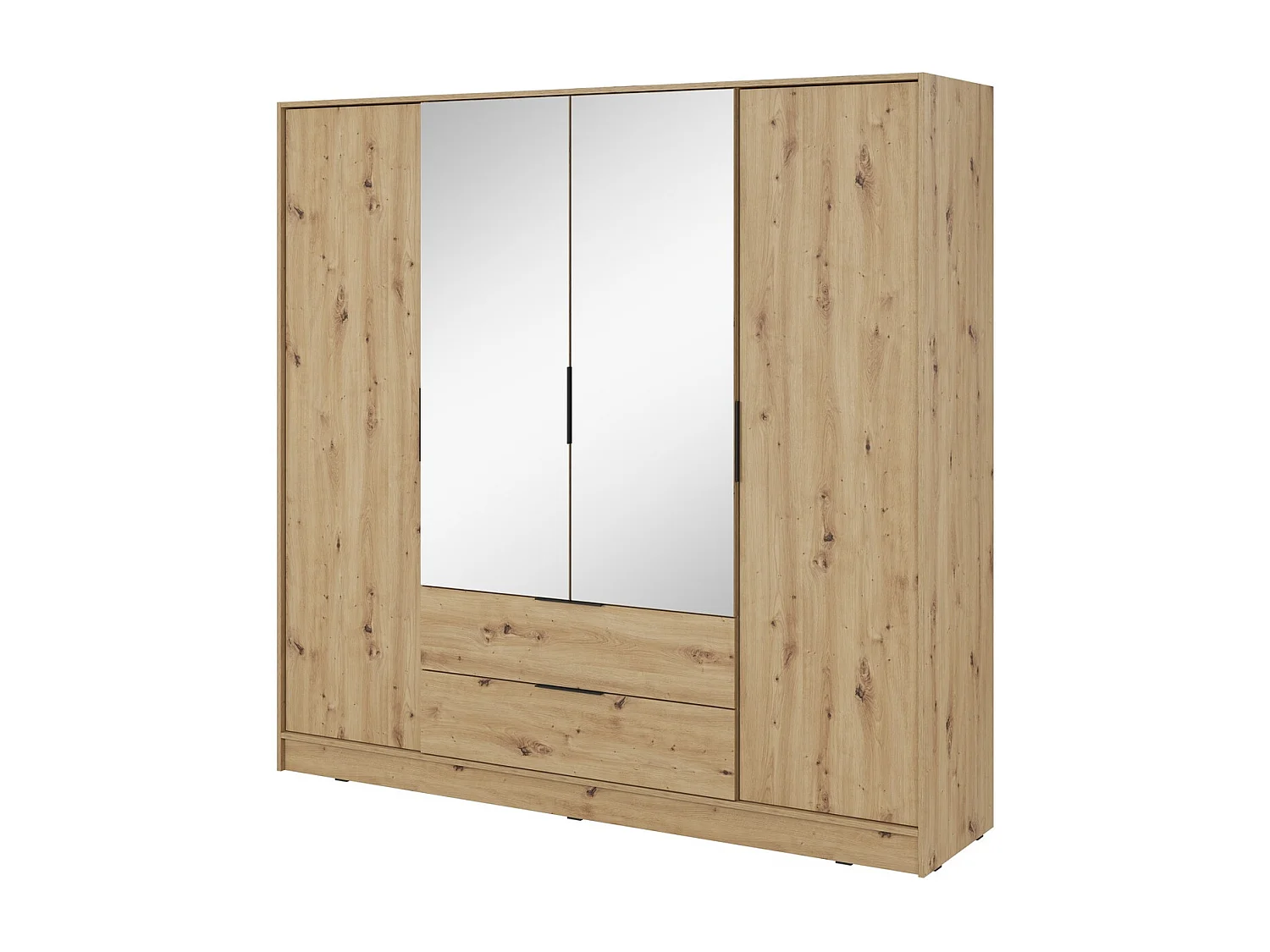 Kast met spiegel 200 cm Kalma 4DL - Draaideurkast met 2 lades, kledingroede - Artisan eiken