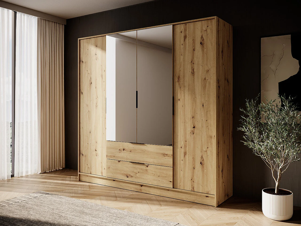 Kast met spiegel 200 cm Kalma 4DL - Draaideurkast met 2 lades, kledingroede - Artisan eiken