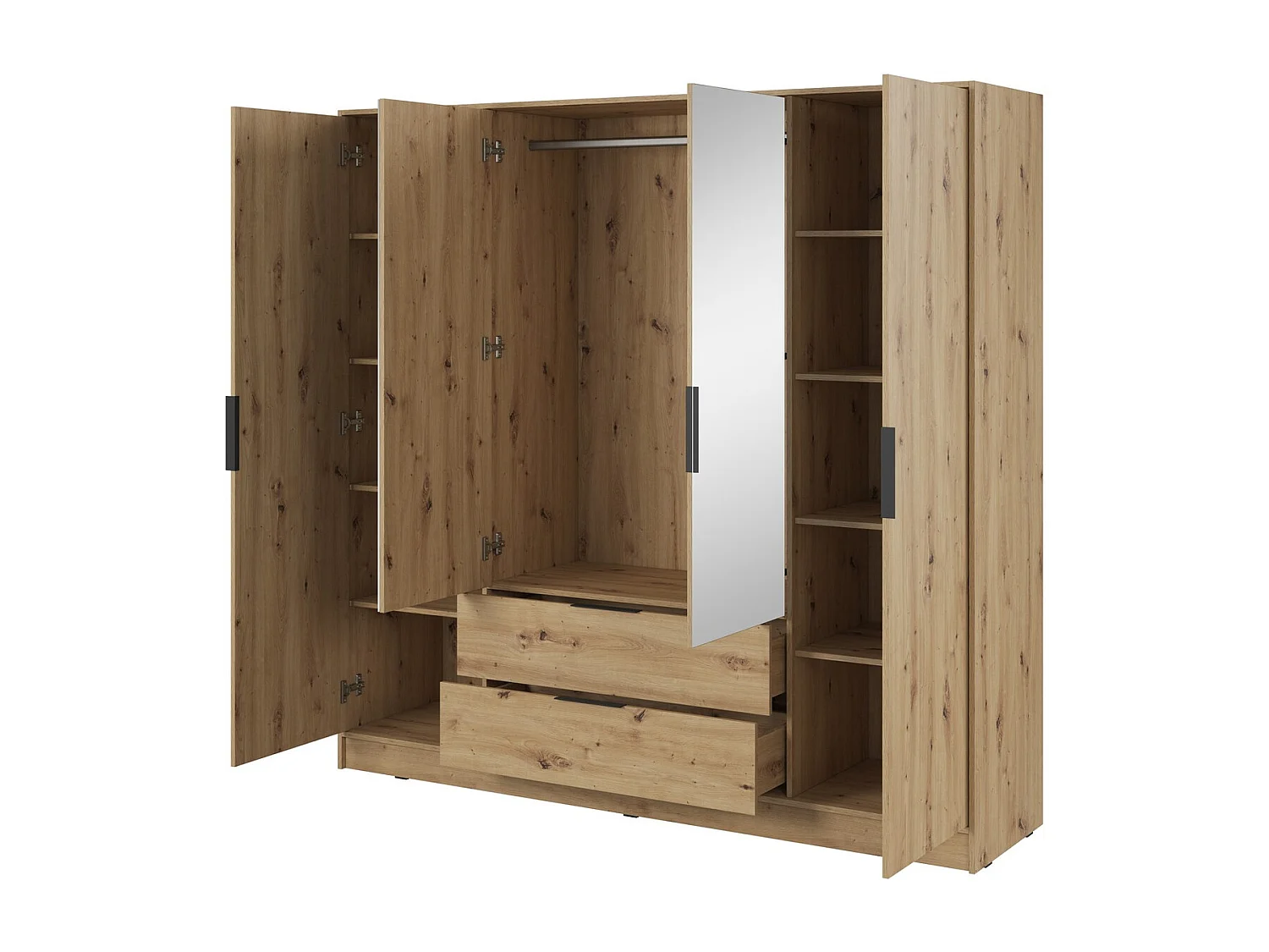 Kast met spiegel 200 cm Kalma 4DL - Draaideurkast met 2 lades, kledingroede - Artisan eiken