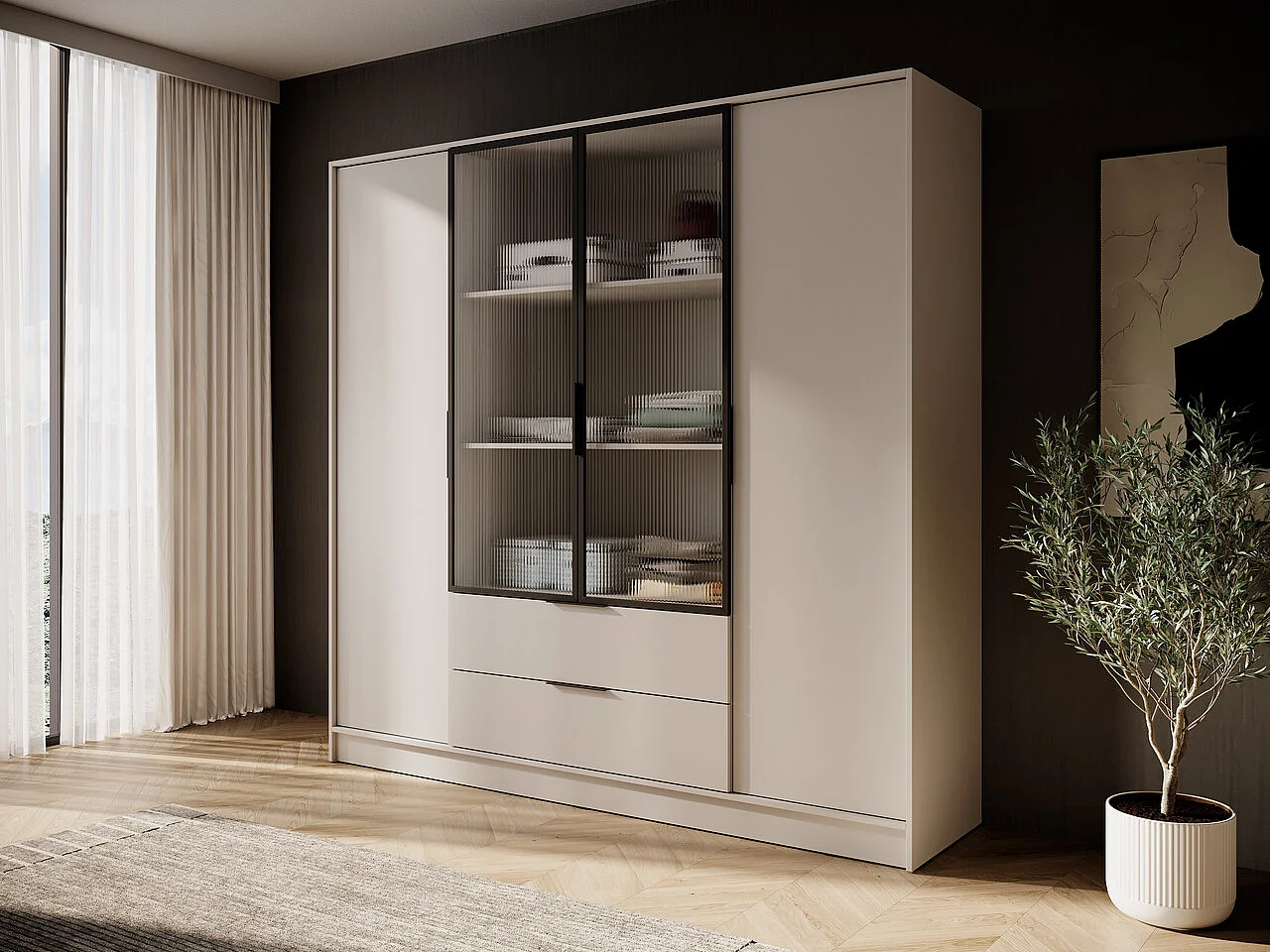 Draaideurkast 200 cm Kalma 4DRM - kast met geribbeld glas, lades, 4 deuren - kasjmier