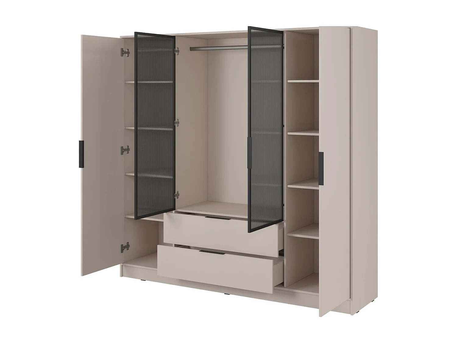 Draaideurkast 200 cm Kalma 4DRM - kast met geribbeld glas, lades, 4 deuren - kasjmier