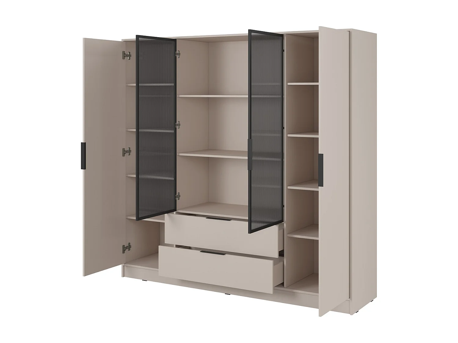 Draaideurkast 200 cm Kalma 4DRM - kast met geribbeld glas, lades, 4 deuren - kasjmier