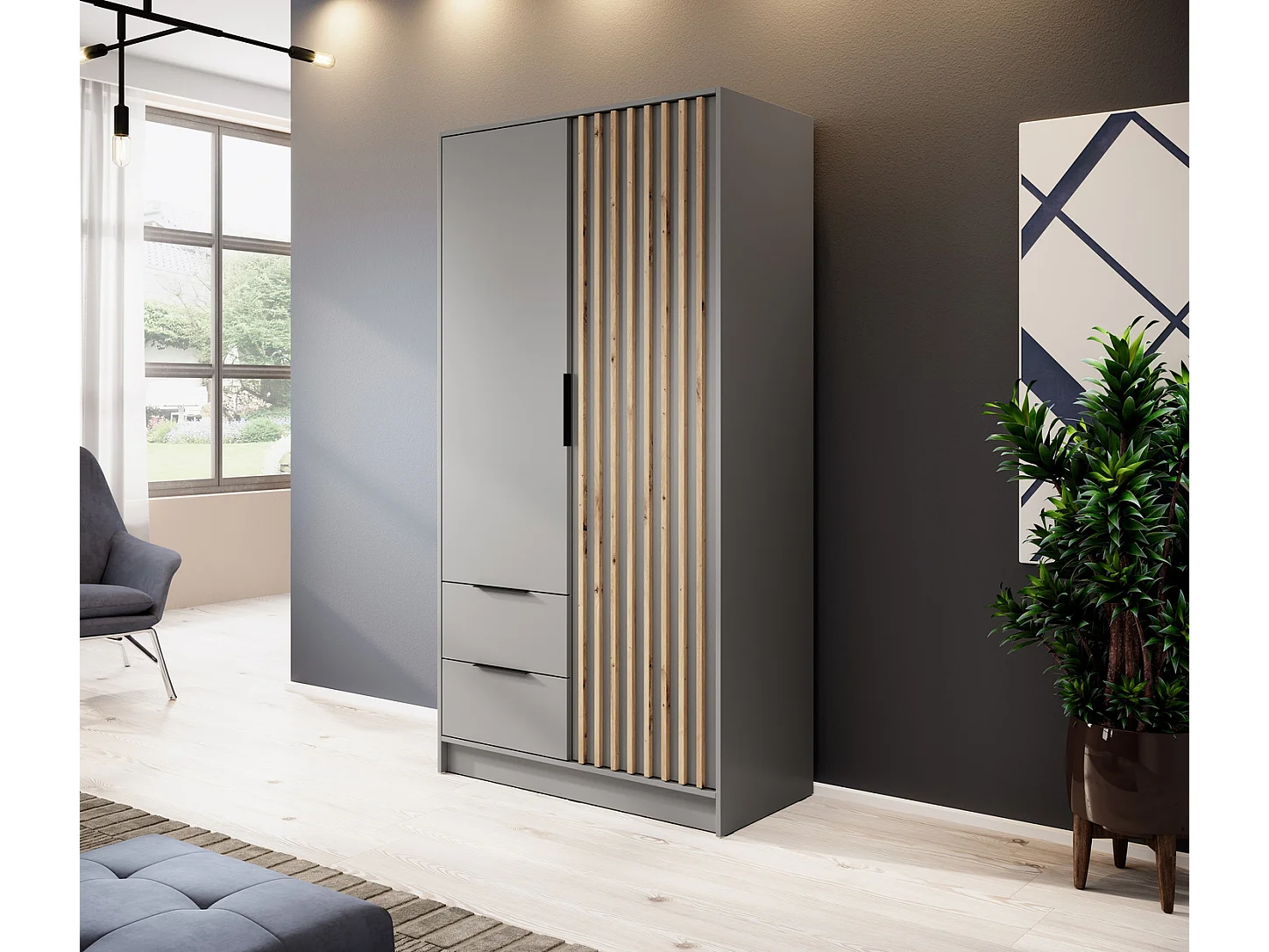 Draaideurkast 100 cm Fioro - tweedelige kast met lamellen, 2 lades - grijs
