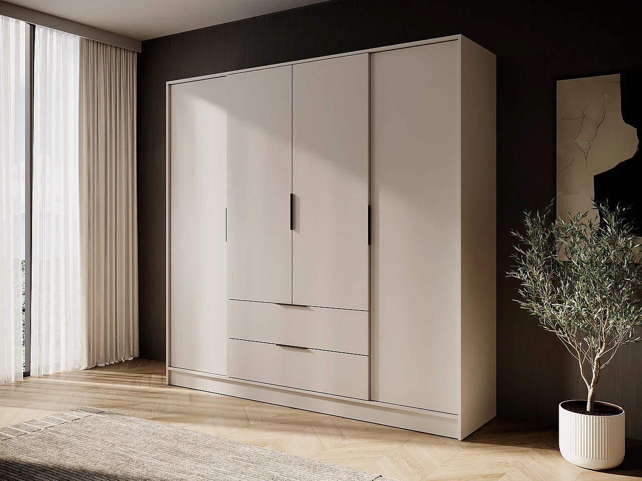 Draaideurkast 200 cm Kalma 4D - vierdeurs kast met lades voor de woonkamer, slaapkamer - kasjmier