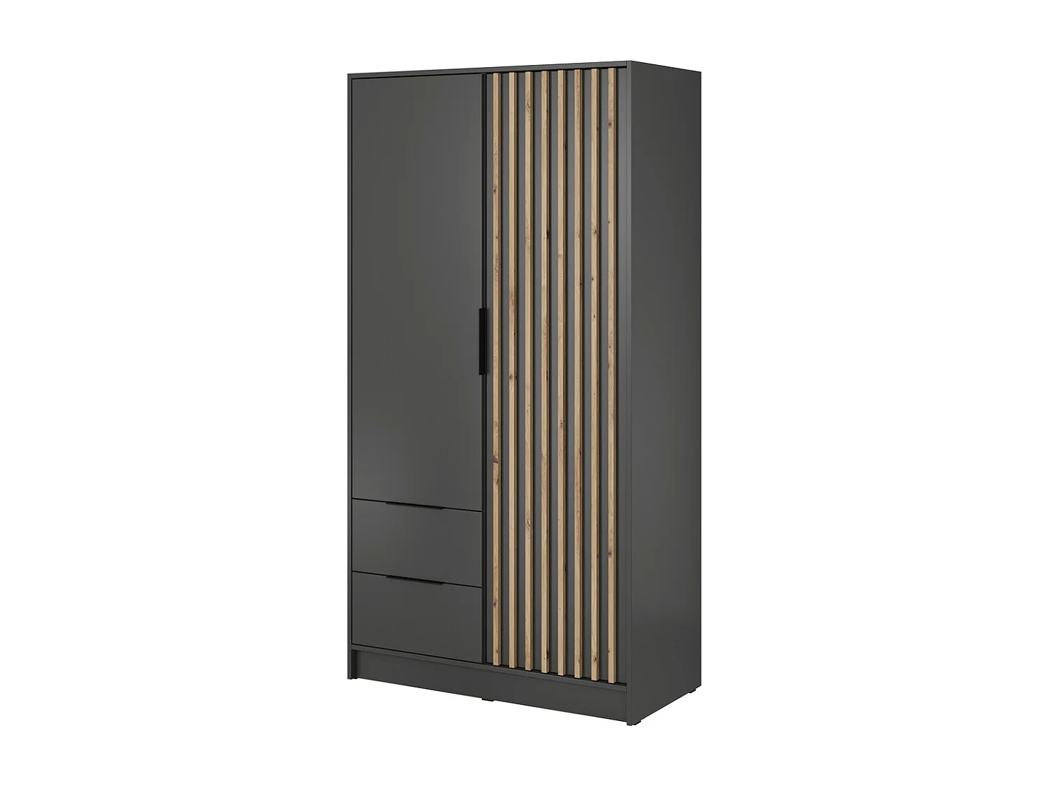 Armoire pour chambre 100 cm Fioro - armoire 2 portes avec lamelles, 2 tiroirs - graphite