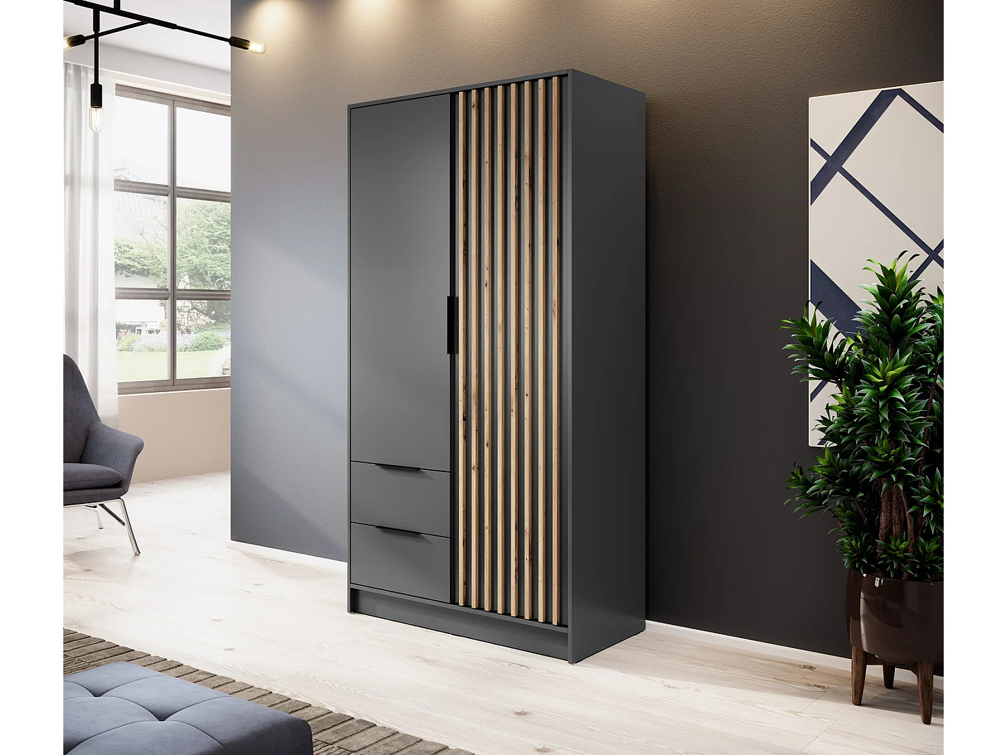 Armoire pour chambre 100 cm Fioro - armoire 2 portes avec lamelles, 2 tiroirs - graphite