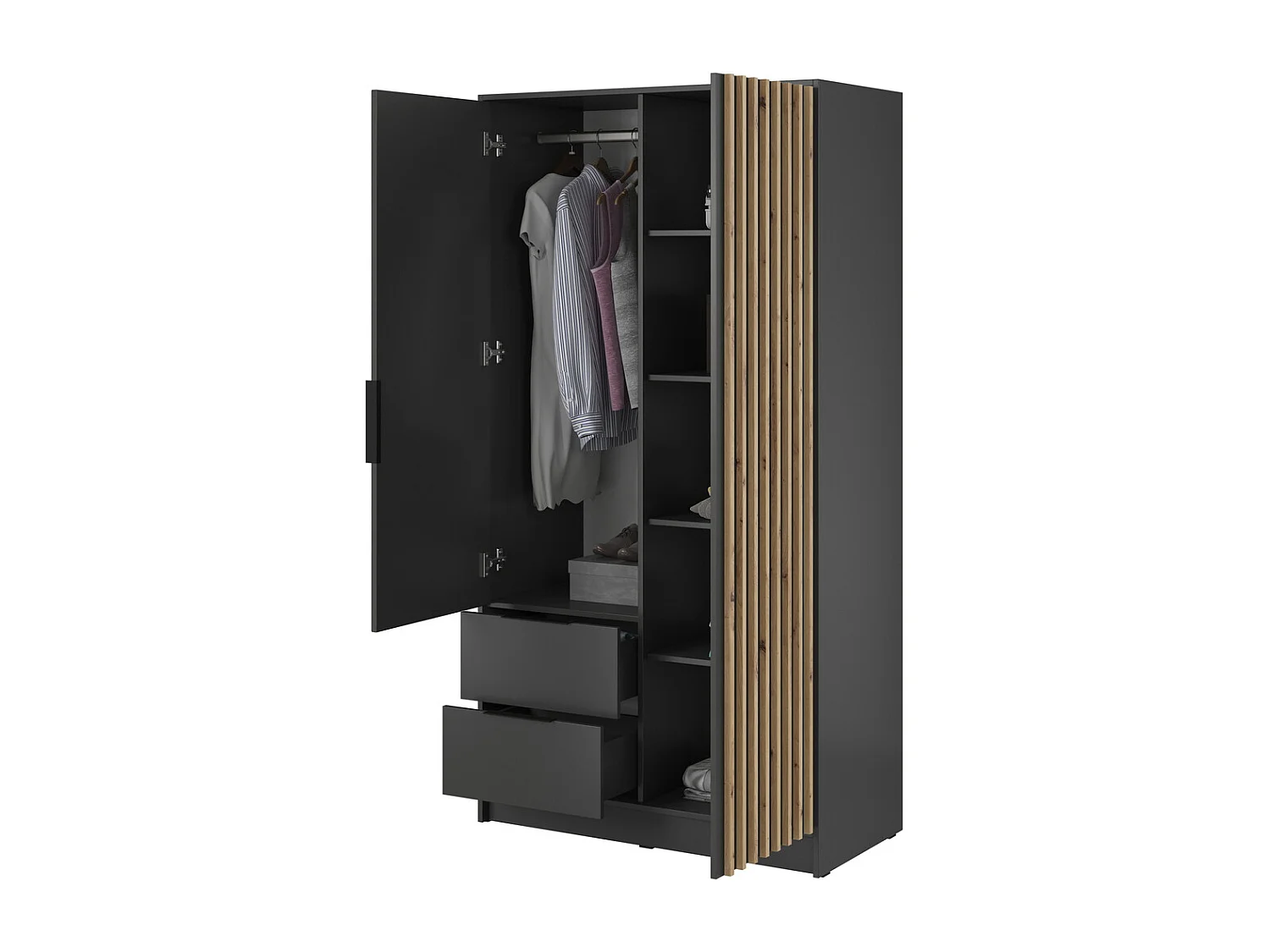 Armoire pour chambre 100 cm Fioro - armoire 2 portes avec lamelles, 2 tiroirs - graphite
