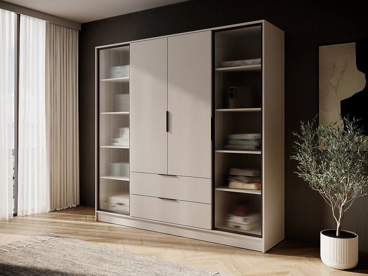 Vierdeurs kast 200 cm Kalma 4DRD met glas, twee lades - moderne kast met draaideuren - kasjmier