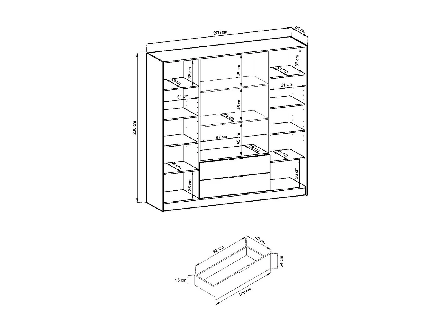 Vierdeurs kast 200 cm Kalma 4DRD met glas, twee lades - moderne kast met draaideuren - kasjmier