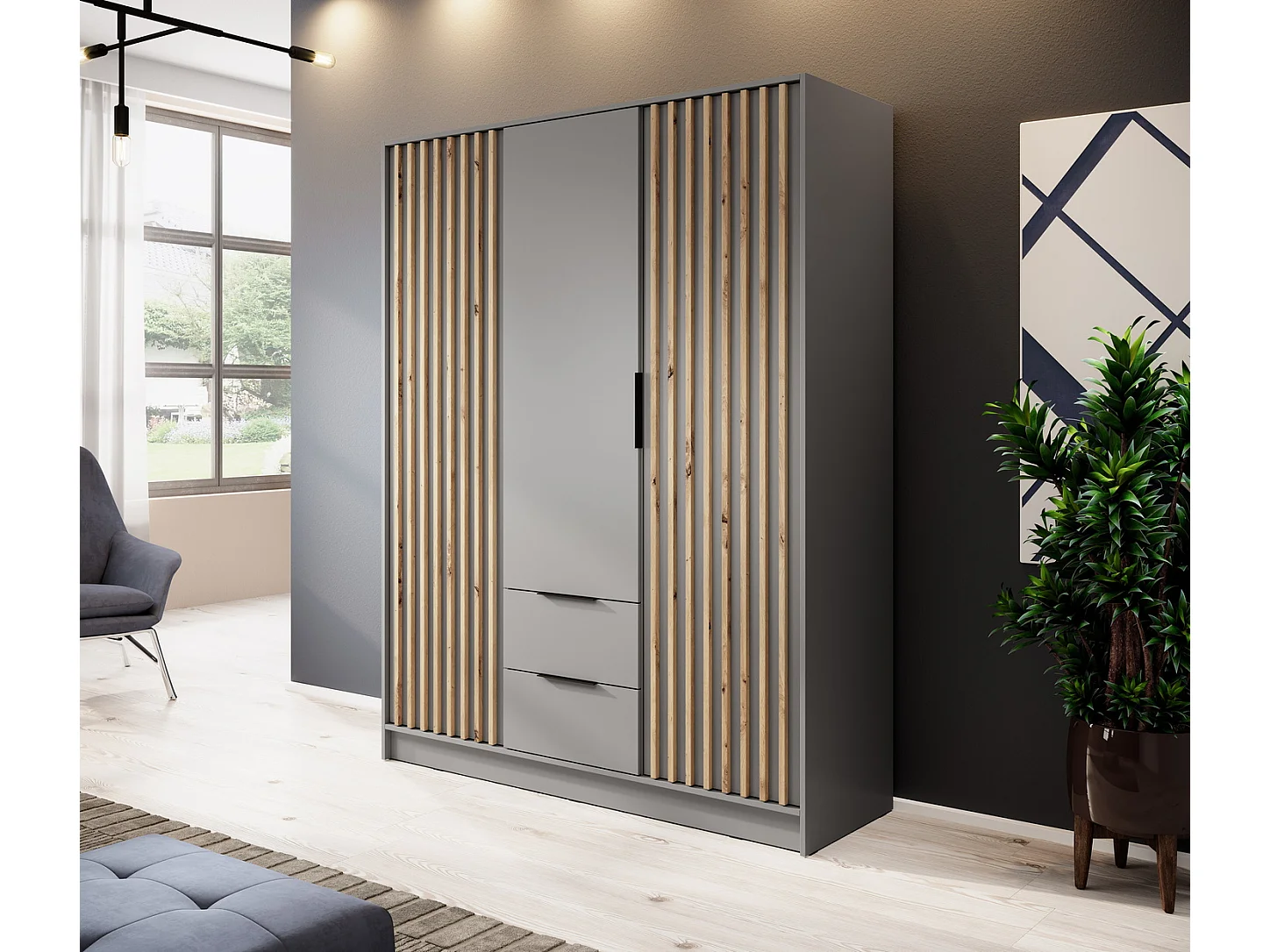 Draaideurkast 150 cm Fioro - kast met lamellen, 2 lades - grijs