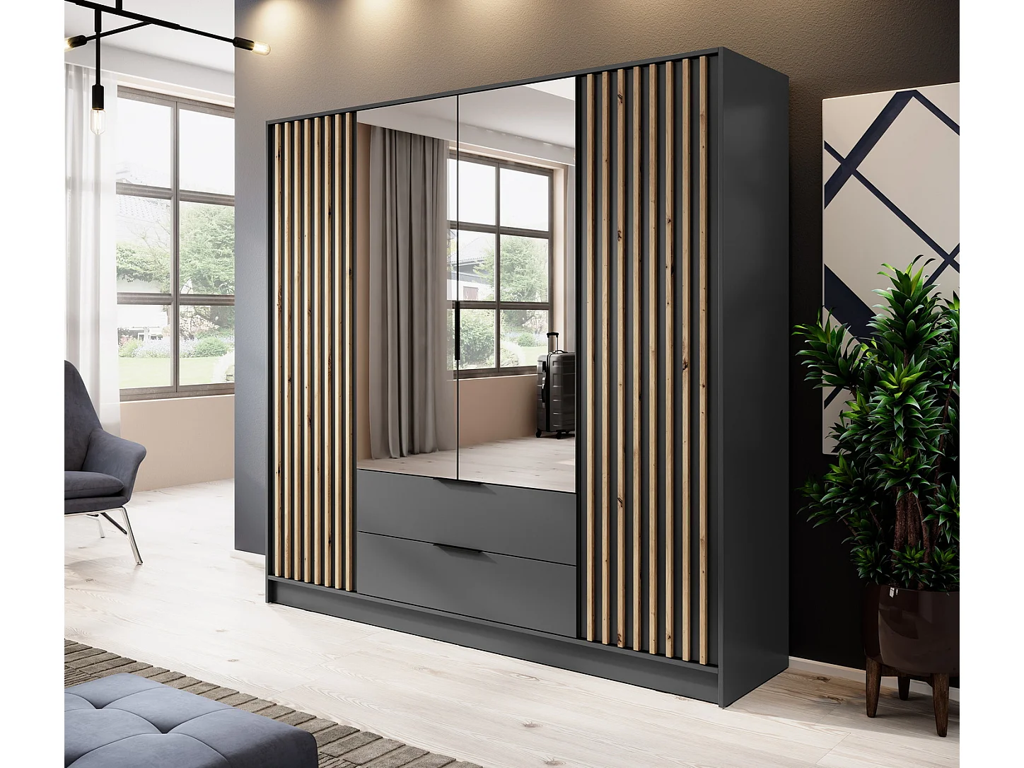 Kast met spiegel Fioro - draaideurkast 200 cm, 4 deuren, lades - lamellen, kledingroede, grafiet