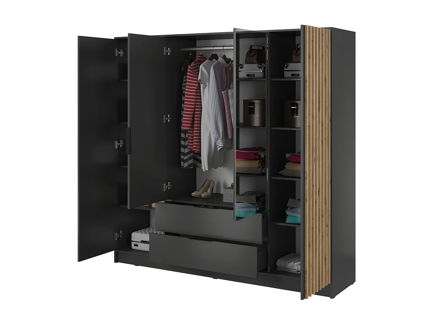Kast met spiegel Fioro - draaideurkast 200 cm, 4 deuren, lades - lamellen, kledingroede, grafiet