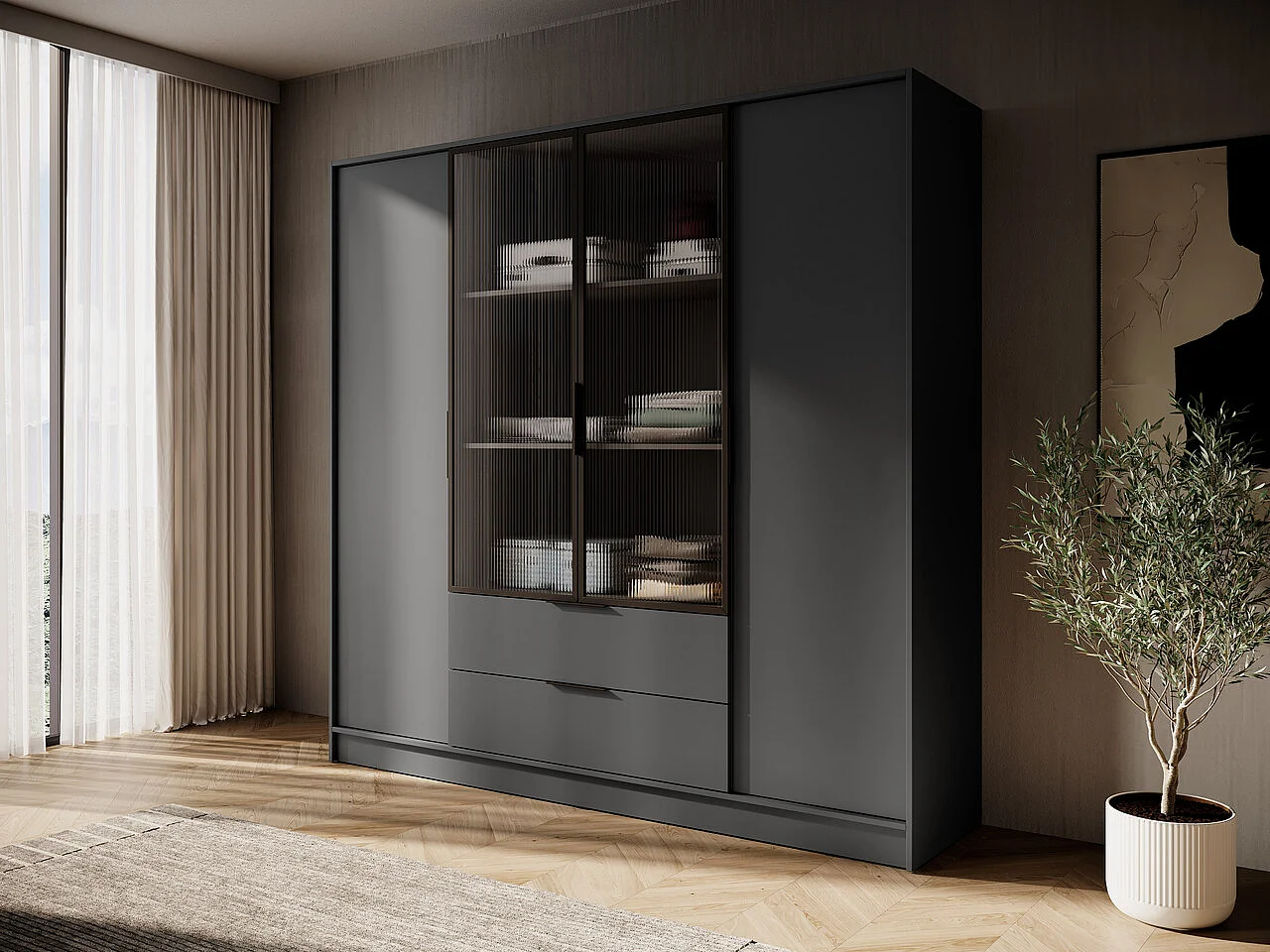 Armoire à portes battantes 200 cm Kalma 4DRM - armoire avec verre rainuré, tiroirs, 4 portes - graphite