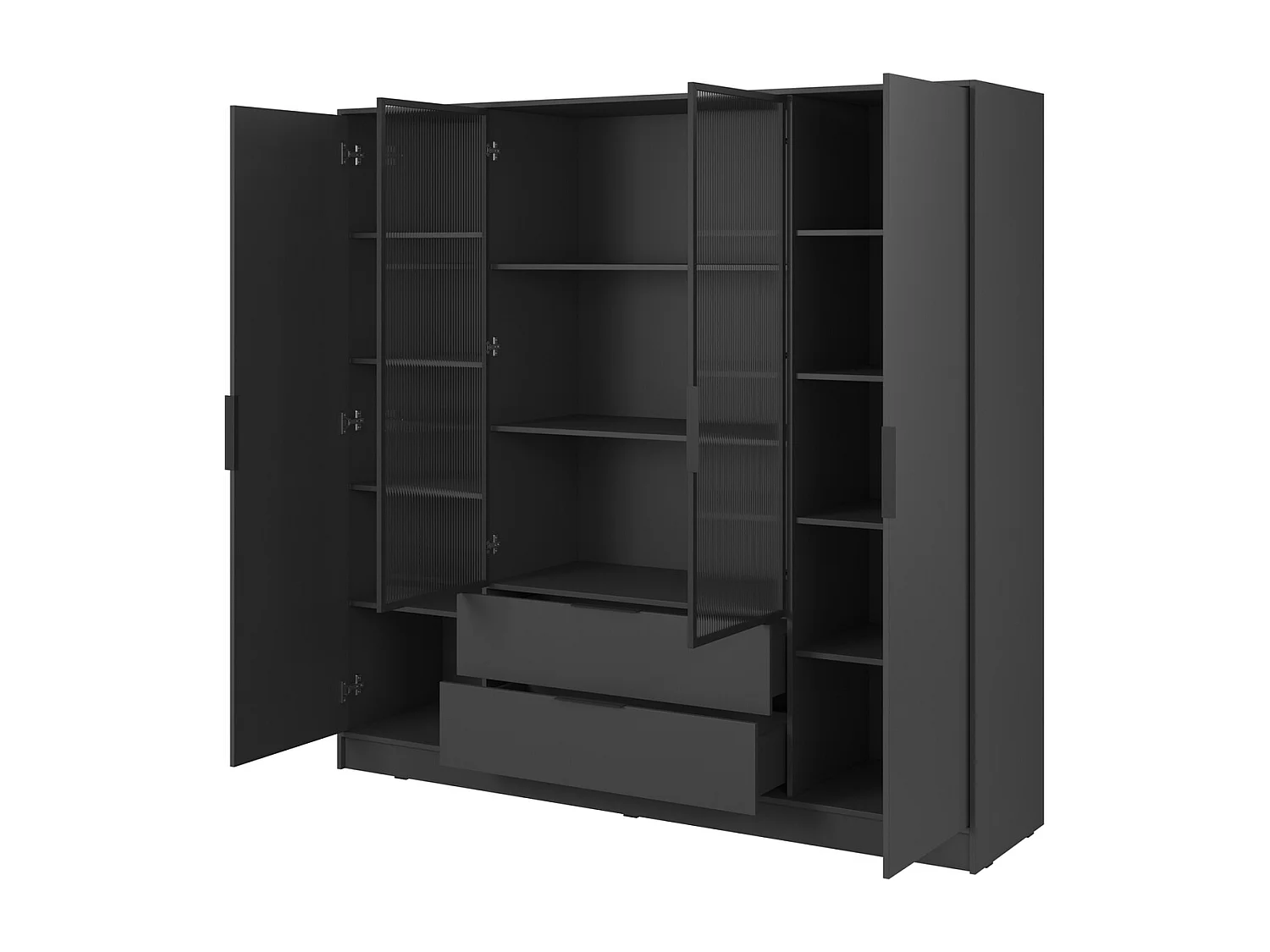 Armoire à portes battantes 200 cm Kalma 4DRM - armoire avec verre rainuré, tiroirs, 4 portes - graphite