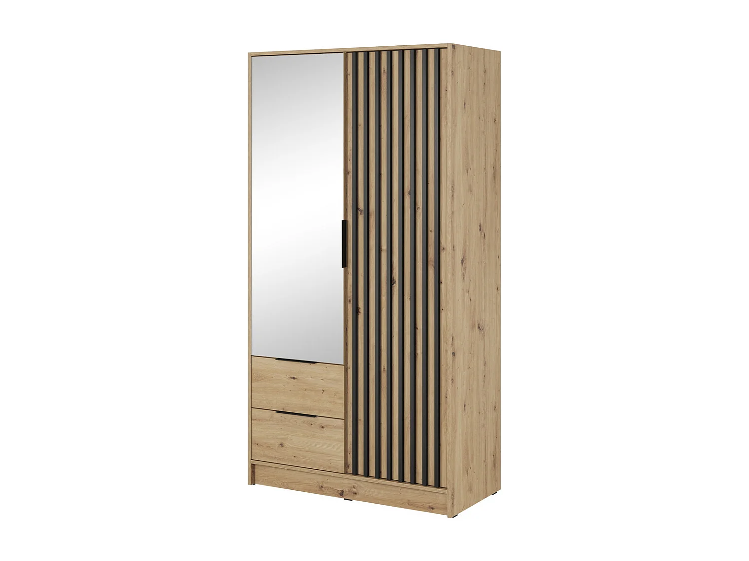 Kast met spiegel Fioro - draaideurkast 100 cm, 2 deuren, lades - lamellen, kledingroede, Artisan eiken