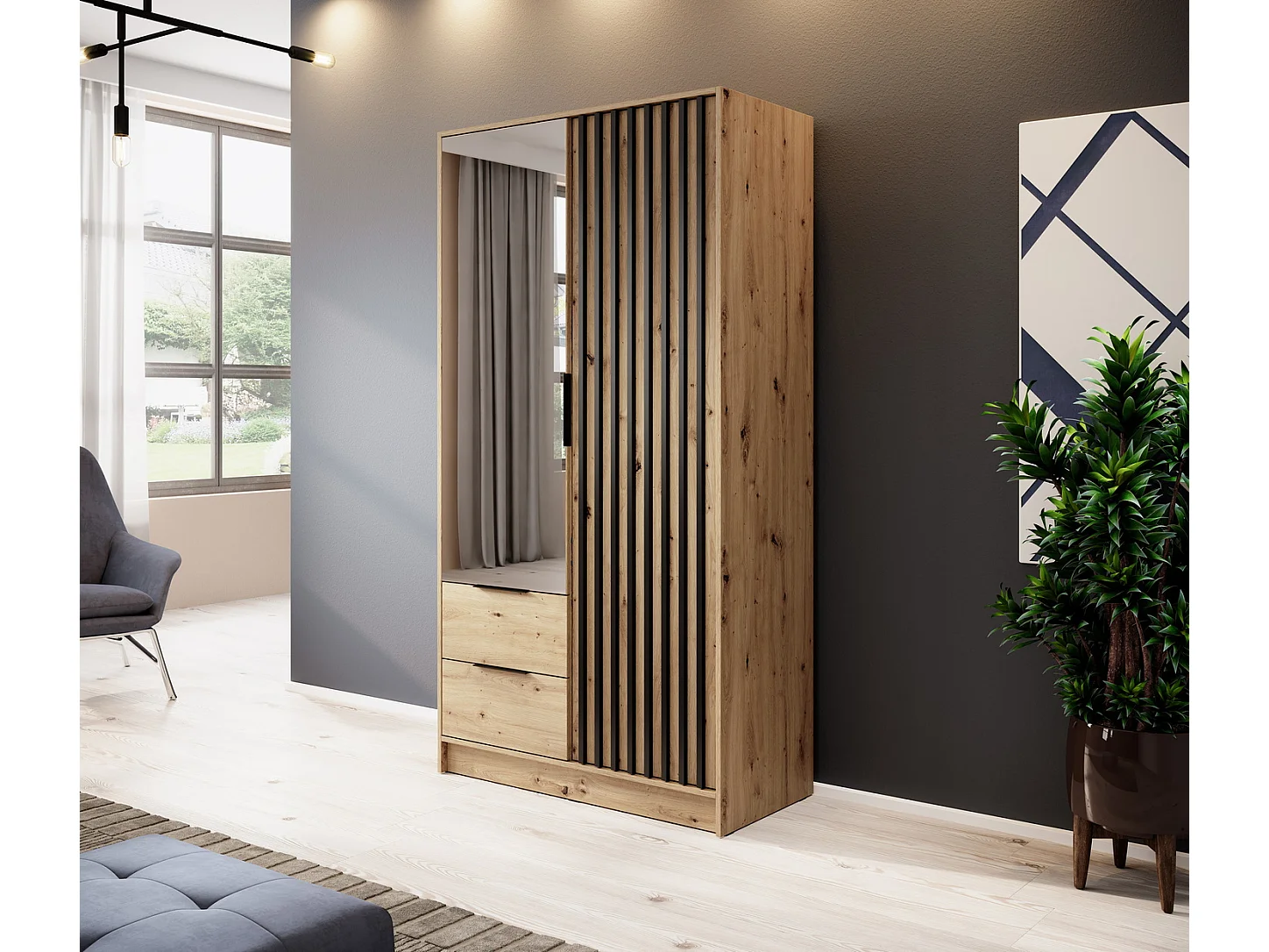 Kast met spiegel Fioro - draaideurkast 100 cm, 2 deuren, lades - lamellen, kledingroede, Artisan eiken