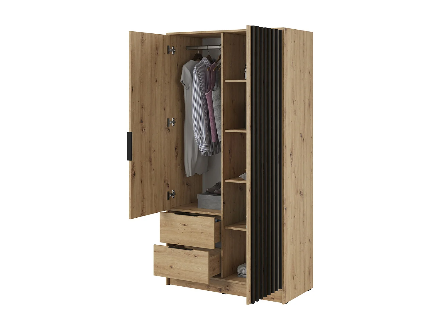 Kast met spiegel Fioro - draaideurkast 100 cm, 2 deuren, lades - lamellen, kledingroede, Artisan eiken