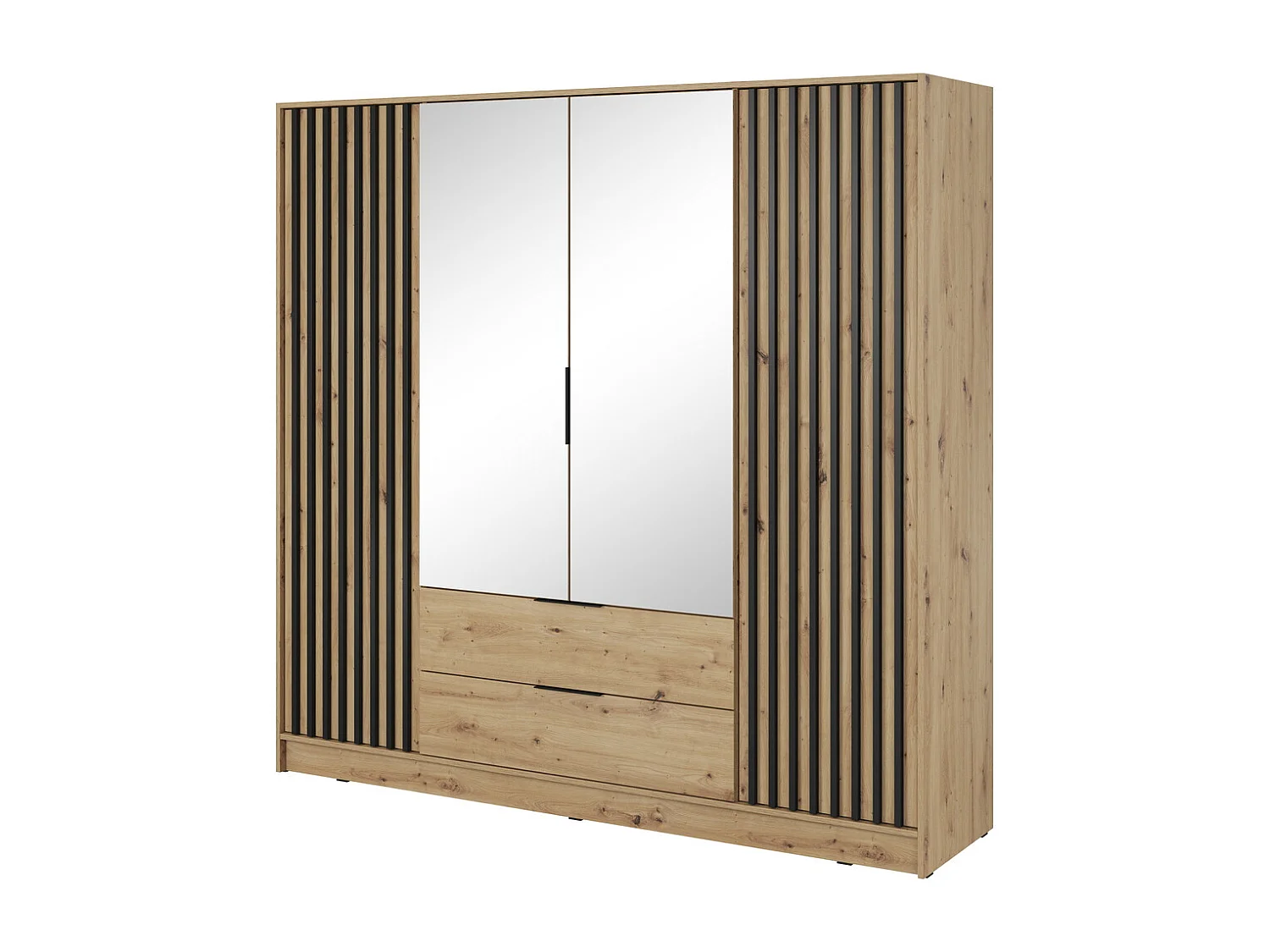 Kast met spiegel Fioro - draaideurkast 200 cm, 4 deuren, lades - lamellen, kledingroede, Artisan eiken