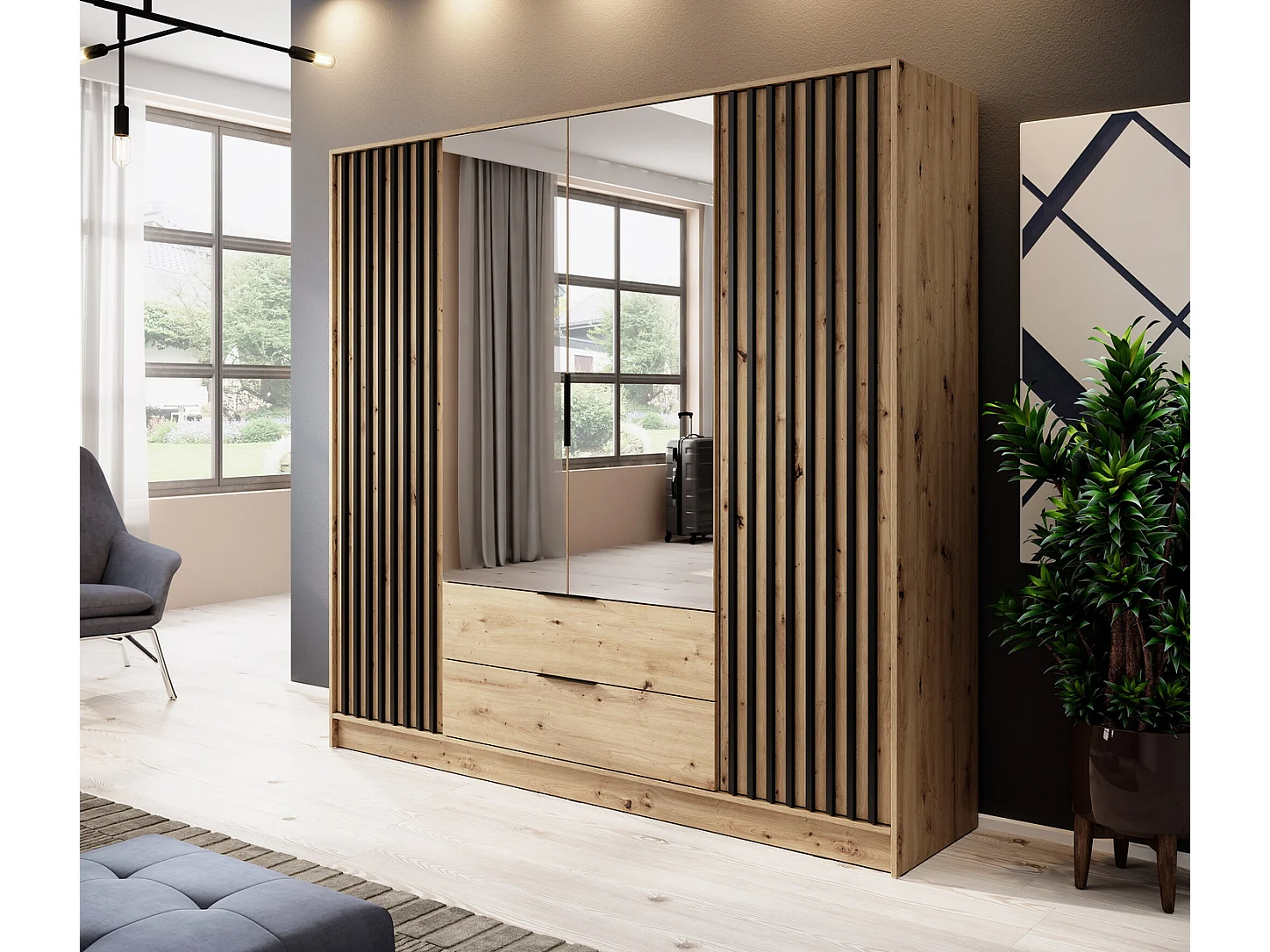 Kast met spiegel Fioro - draaideurkast 200 cm, 4 deuren, lades - lamellen, kledingroede, Artisan eiken