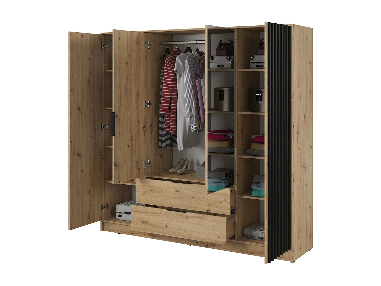Kast met spiegel Fioro - draaideurkast 200 cm, 4 deuren, lades - lamellen, kledingroede, Artisan eiken