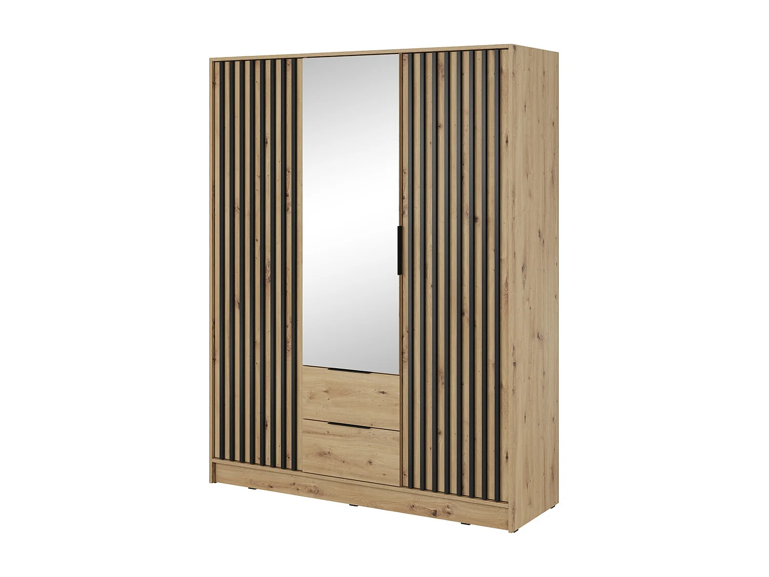 Kast met spiegel Fioro - draaideurkast 150 cm, 3 deuren, lades - lamellen, kledingroede, Artisan eiken