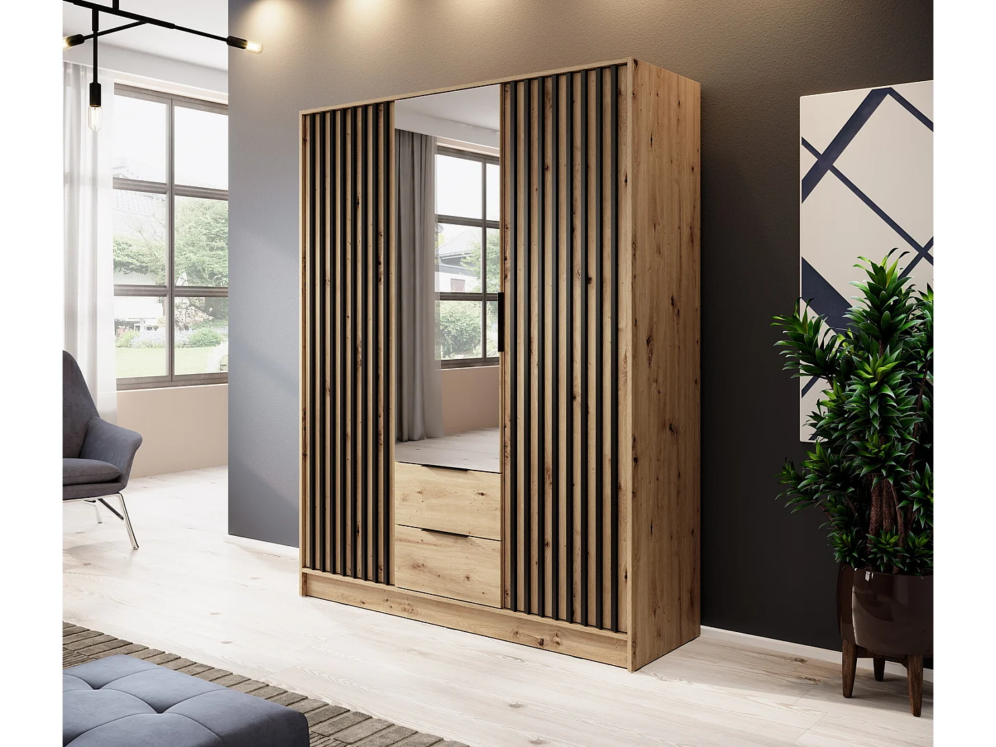 Kast met spiegel Fioro - draaideurkast 150 cm, 3 deuren, lades - lamellen, kledingroede, Artisan eiken