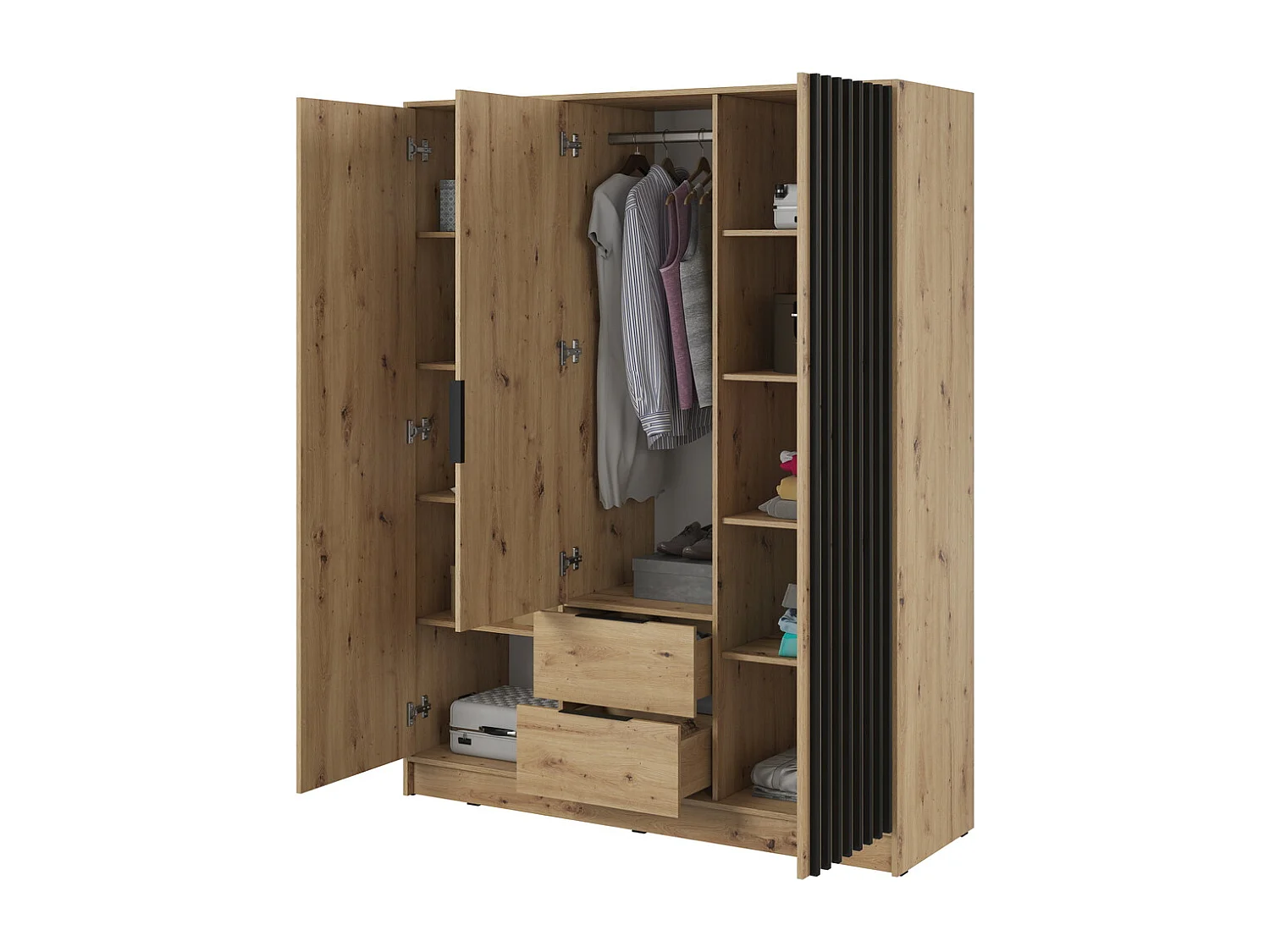 Kast met spiegel Fioro - draaideurkast 150 cm, 3 deuren, lades - lamellen, kledingroede, Artisan eiken