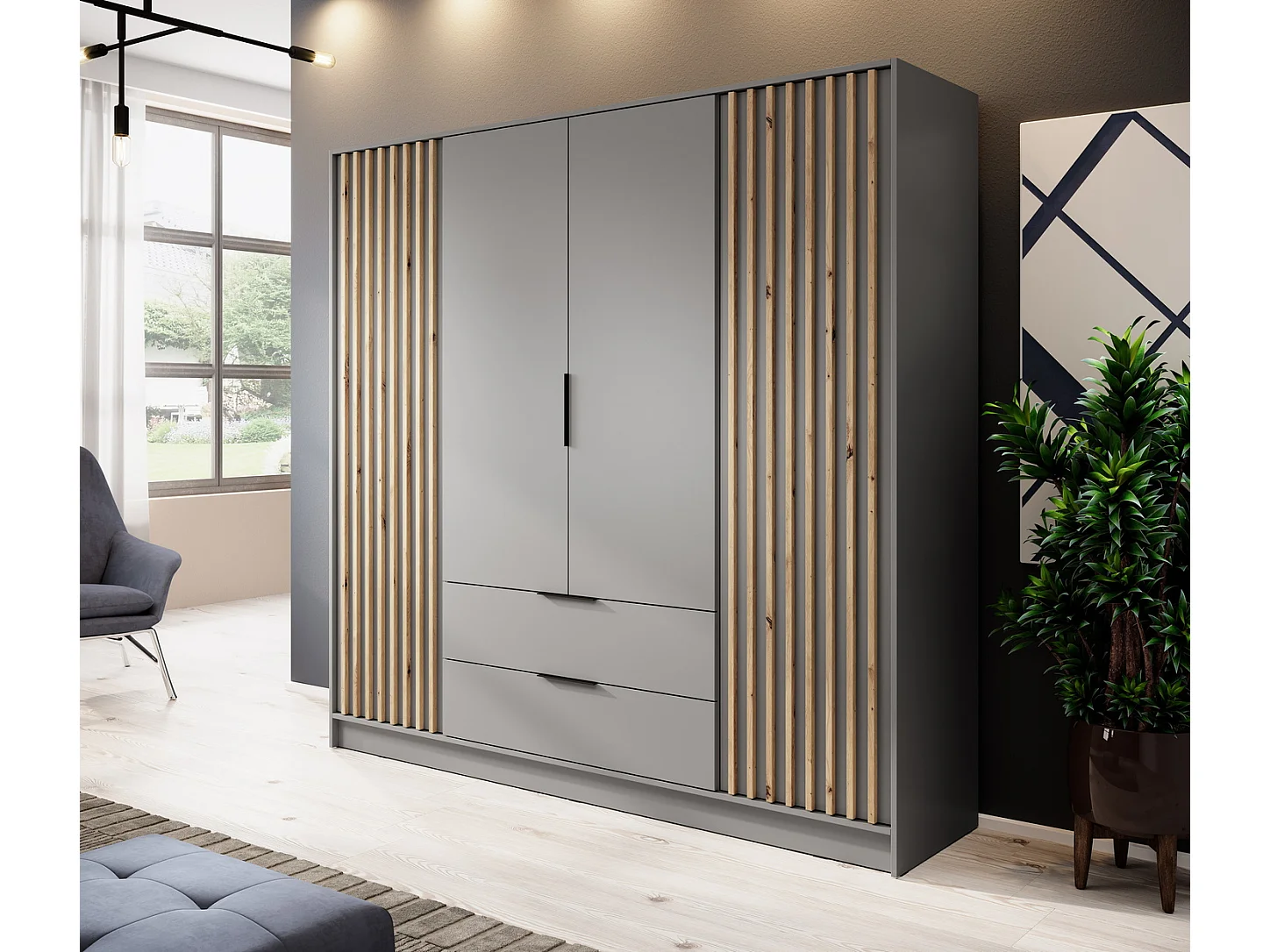 Draaideurkast 200 cm Fioro - kast met lamellen, 2 lades - grijs