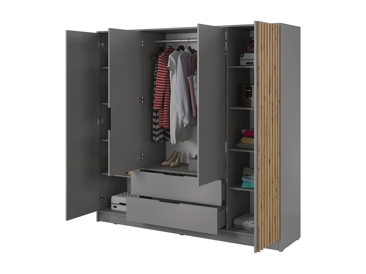 Draaideurkast 200 cm Fioro - kast met lamellen, 2 lades - grijs