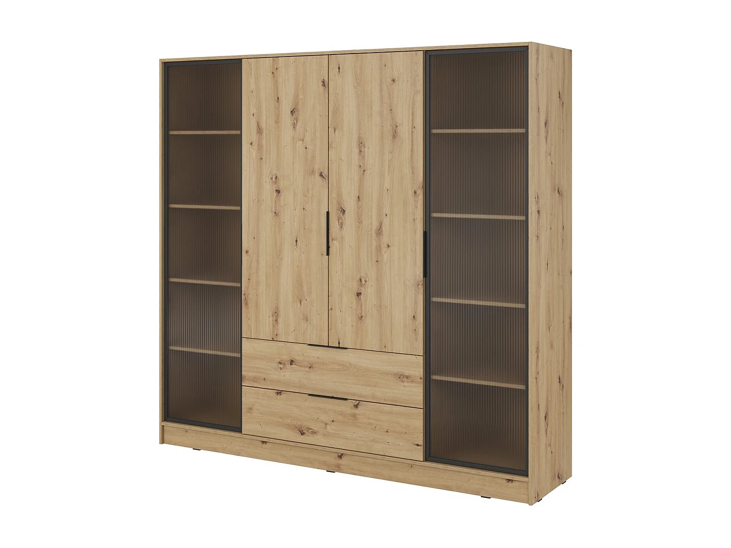 Vierdeurs kast 200 cm Kalma 4DRD met glas, twee lades - moderne kast met draaideuren - Artisan eiken