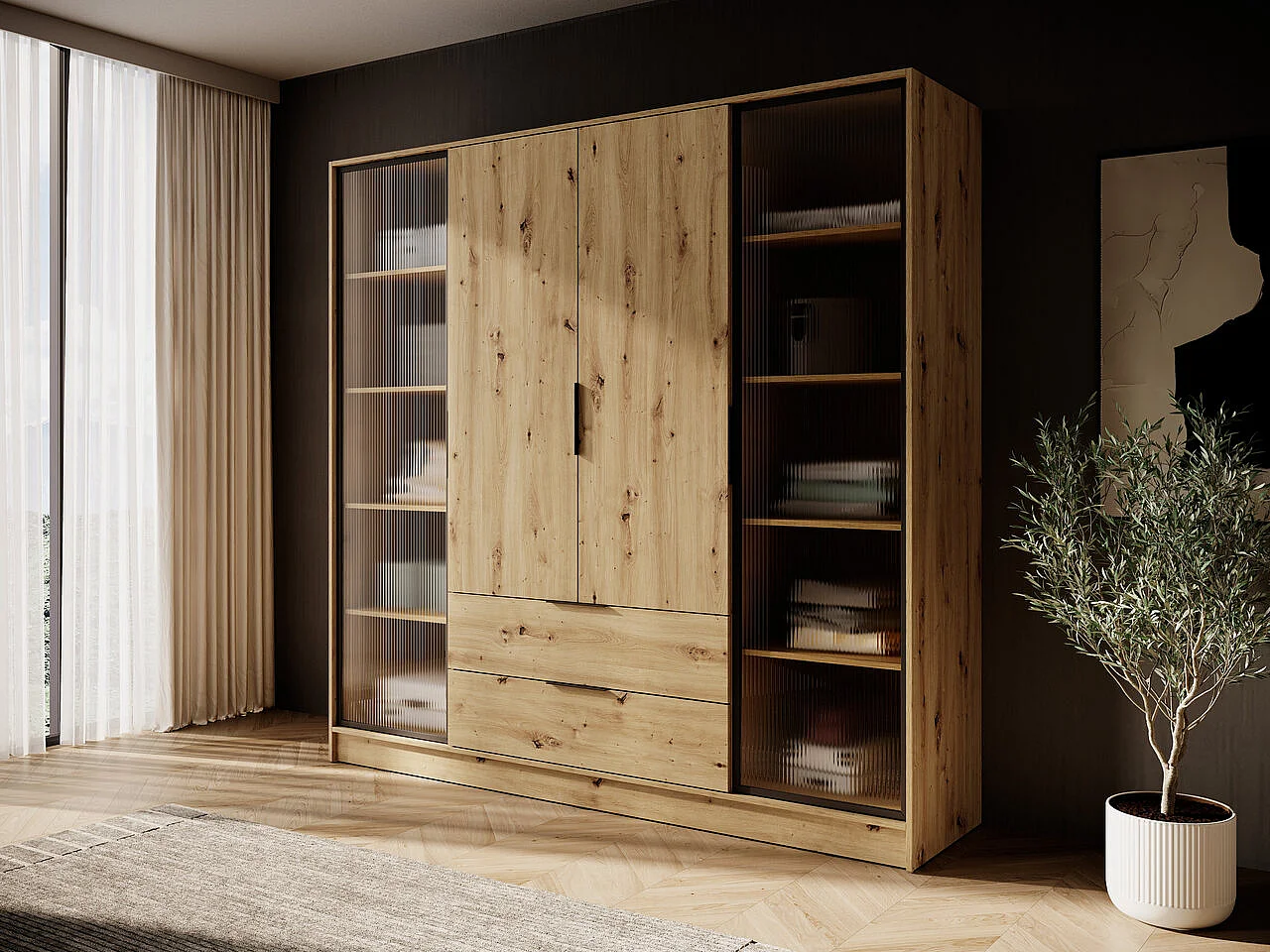 Vierdeurs kast 200 cm Kalma 4DRD met glas, twee lades - moderne kast met draaideuren - Artisan eiken