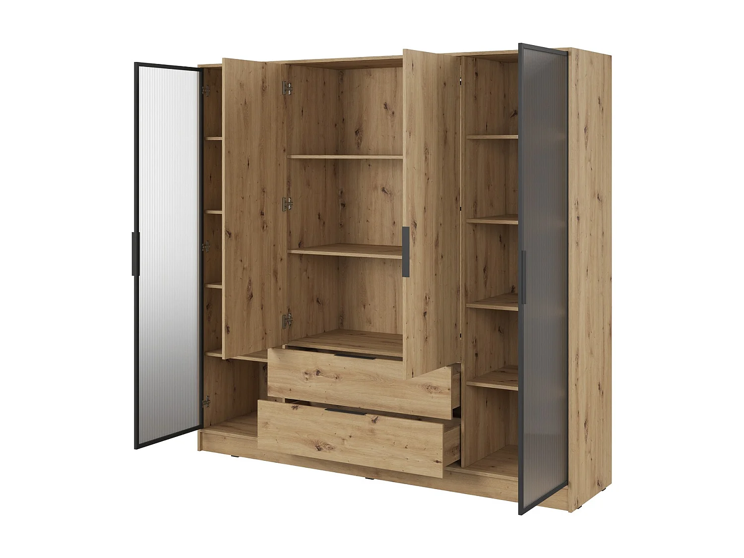 Vierdeurs kast 200 cm Kalma 4DRD met glas, twee lades - moderne kast met draaideuren - Artisan eiken
